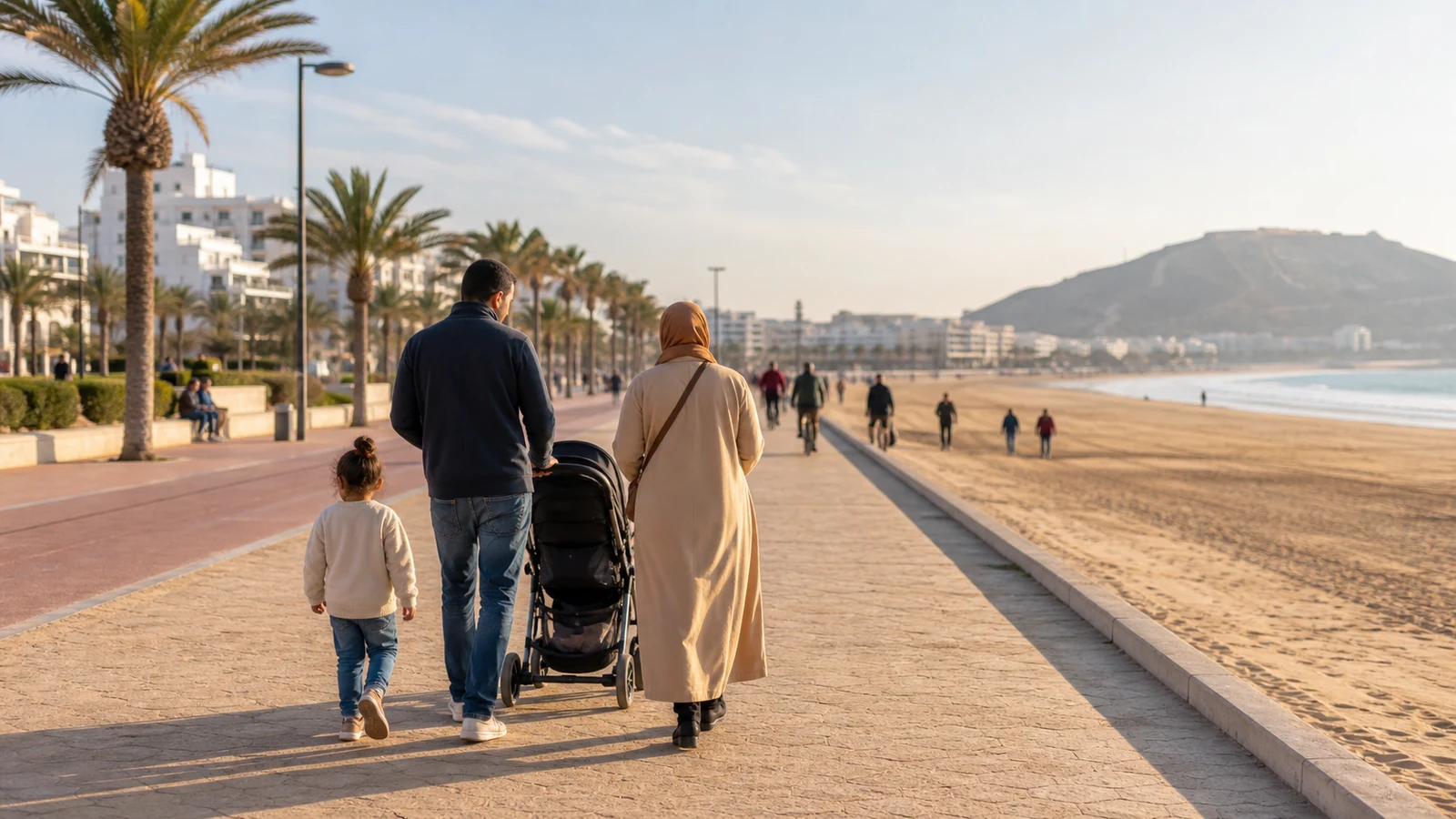 Family walking with a stroller on Agadir promenade beside the Atlantic beach