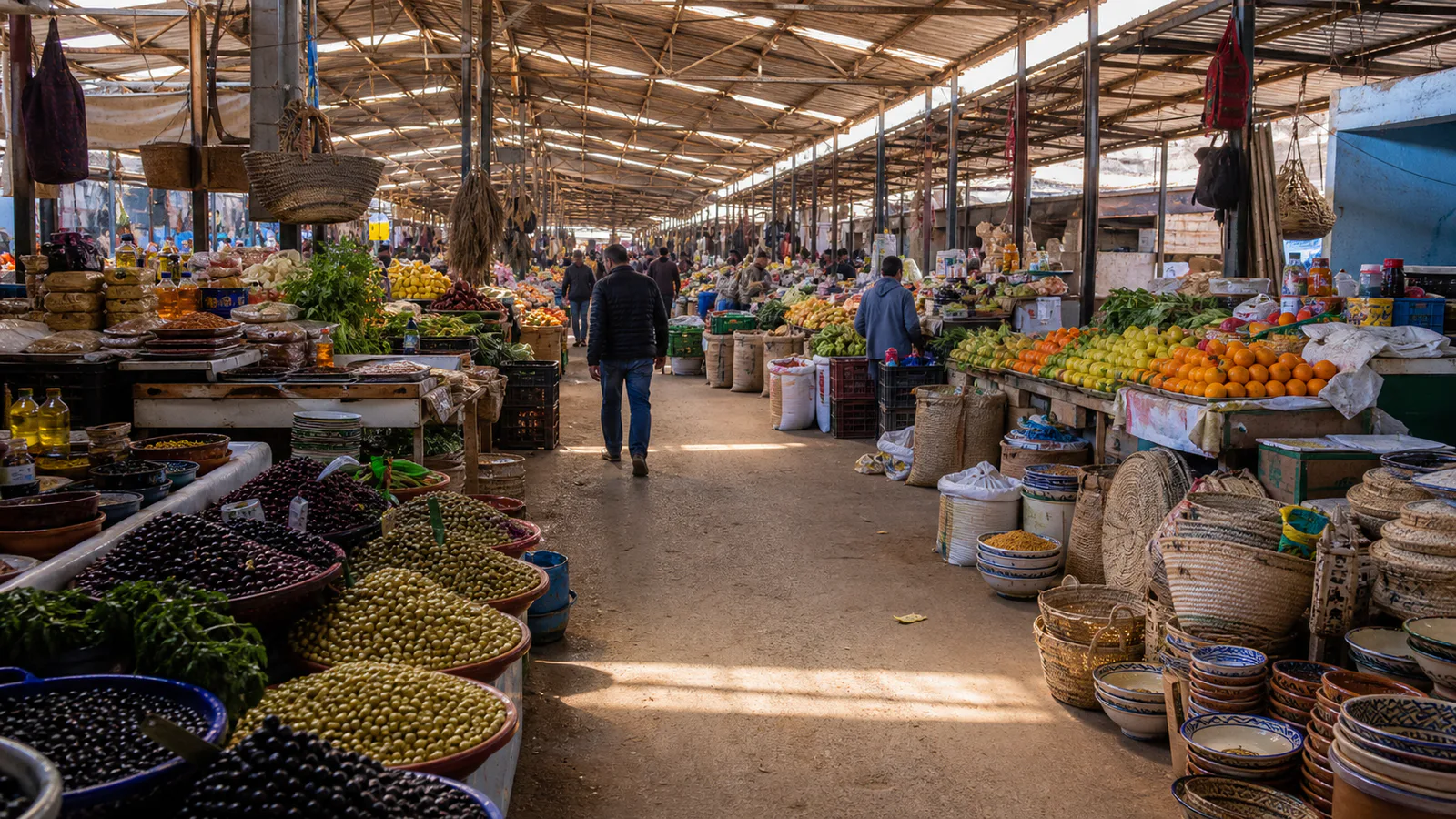 Olives, produce, ceramics and shoppers inside a covered Agadir market
