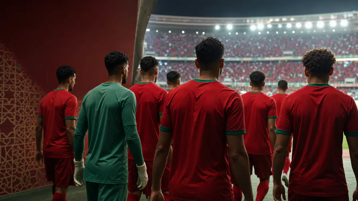 Anonymous Moroccan football players in red and green walking from a stadium tunnel