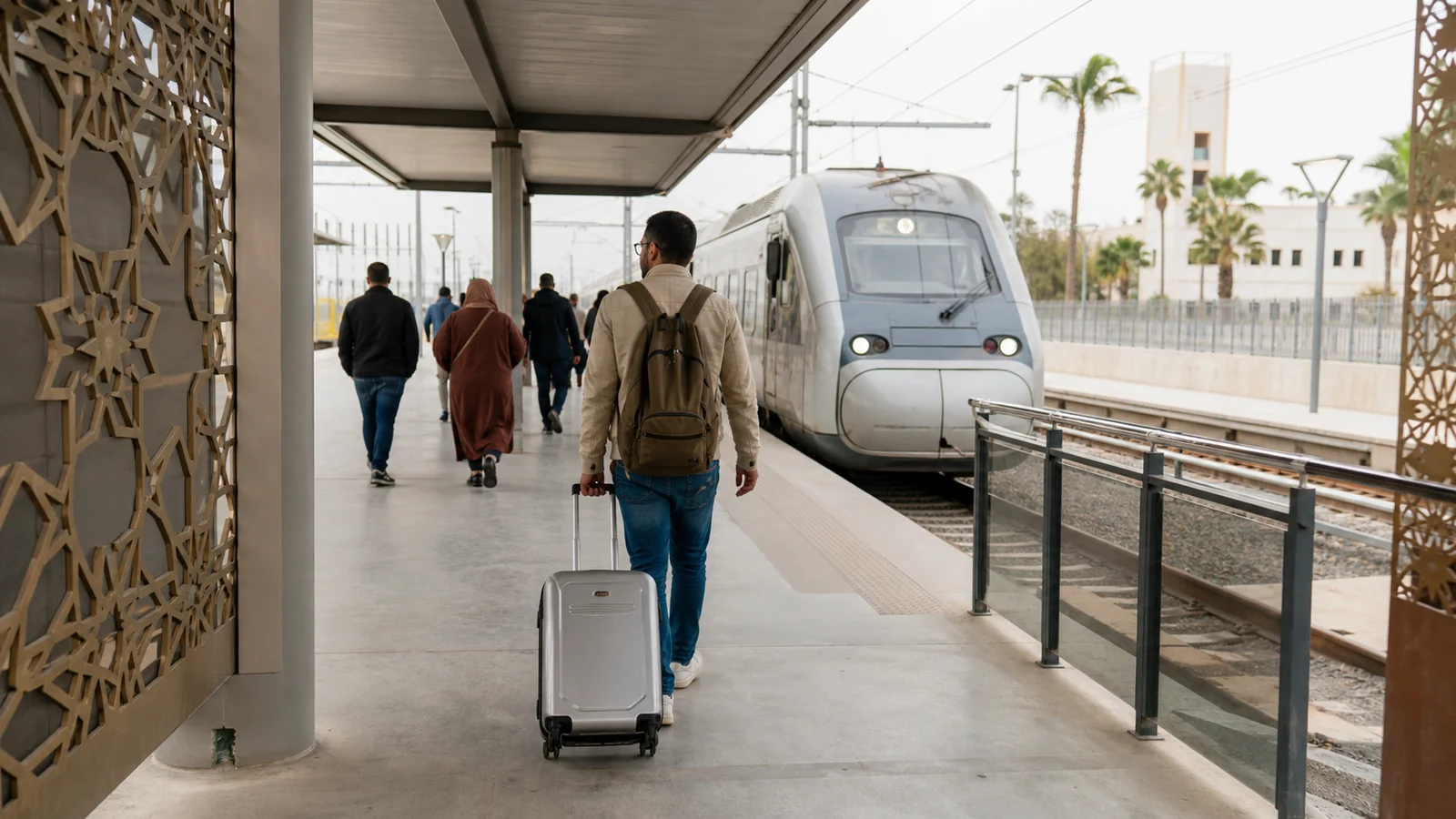 Traveler walking from Casablanca Mohammed V Airport toward the railway platform