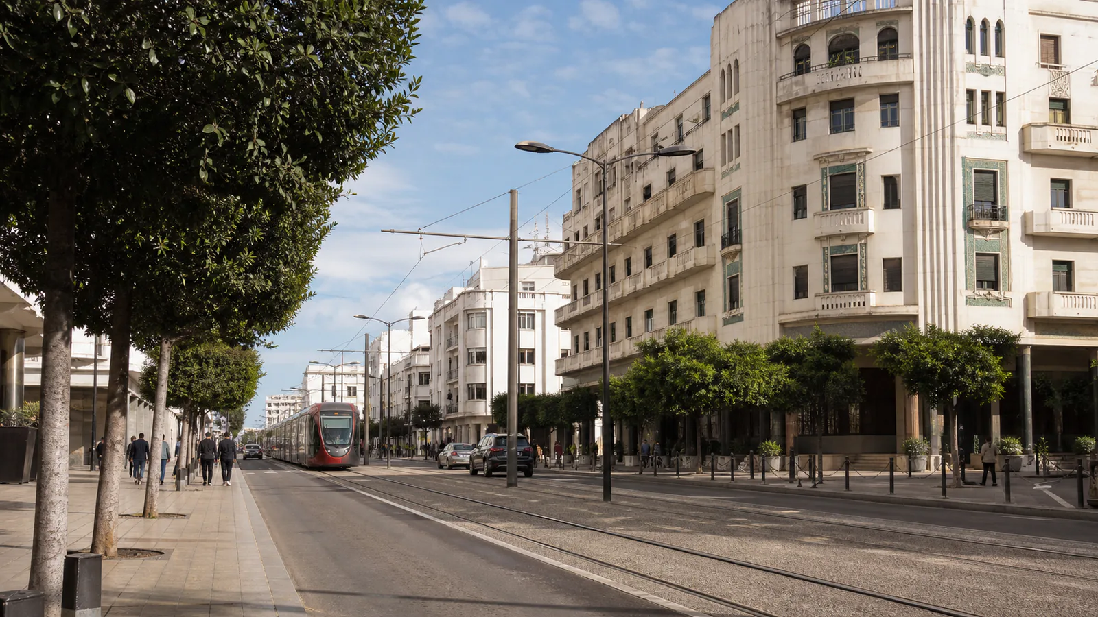 Art Deco façades, a tram and everyday street life in central Casablanca