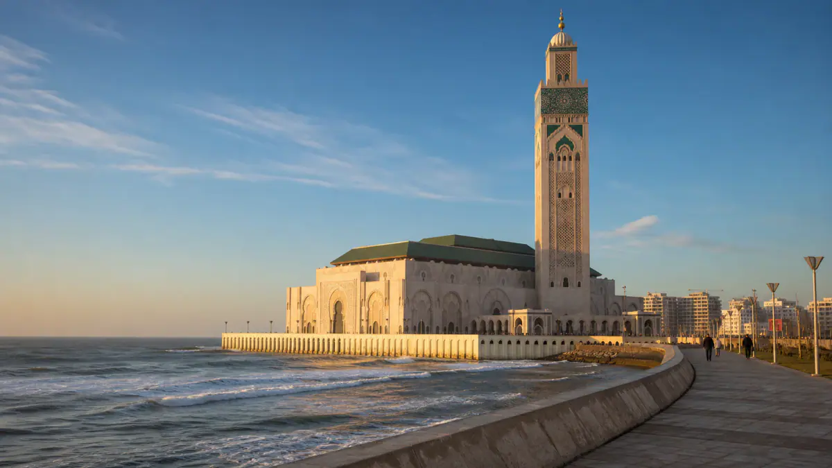 Hassan II Mosque beside the Atlantic Ocean and Casablanca promenade