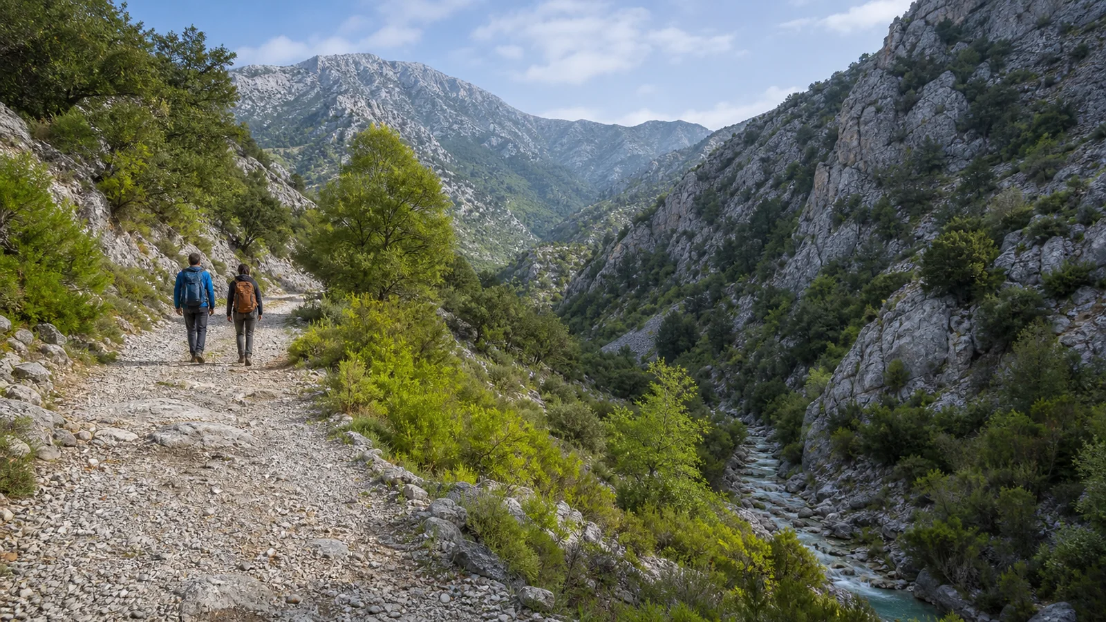 Hikers following a broad path through a limestone gorge landscape in Morocco’s Rif Mountains