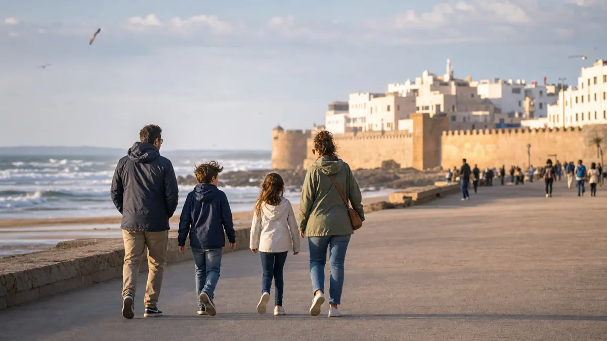 Family walking together along Essaouira promenade beside the historic ramparts