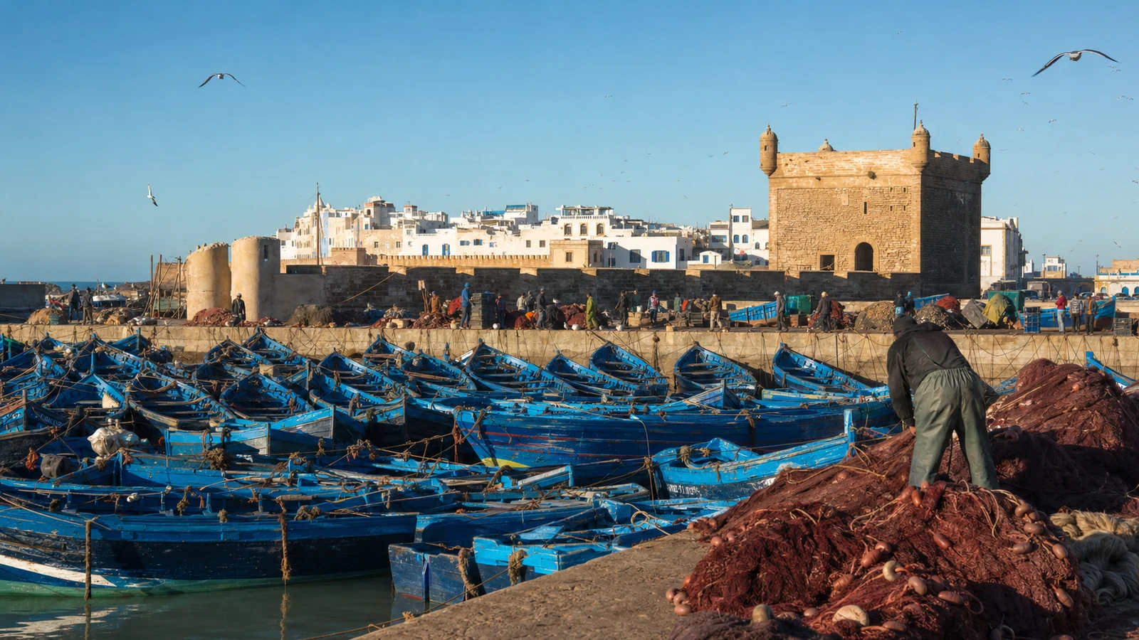 Blue fishing boats at Essaouira port on a clear morning