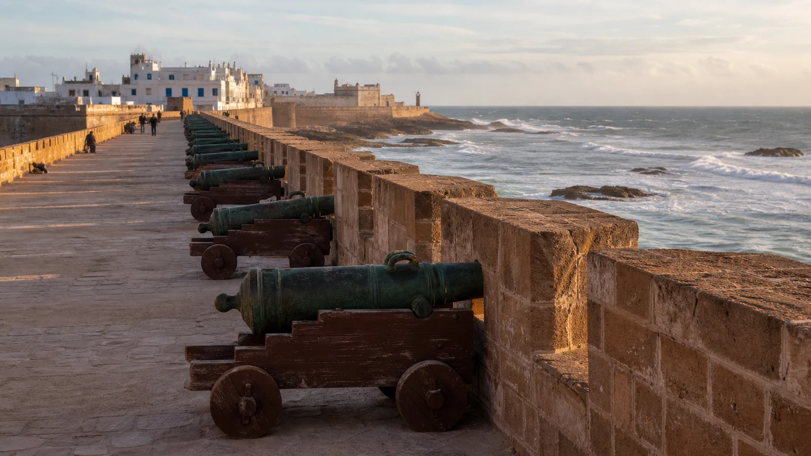 Historic cannons on Essaouira ramparts above the Atlantic