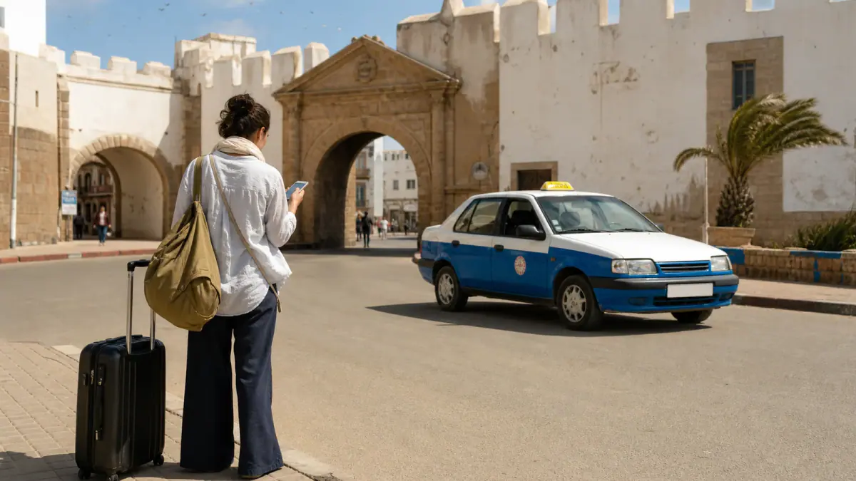 Traveler arriving with luggage near an Essaouira medina gate and local taxi