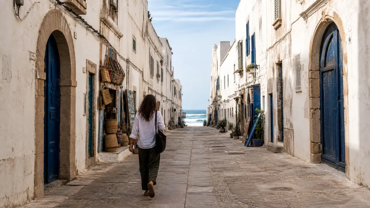 Traveler walking through a quiet blue and white Essaouira medina lane