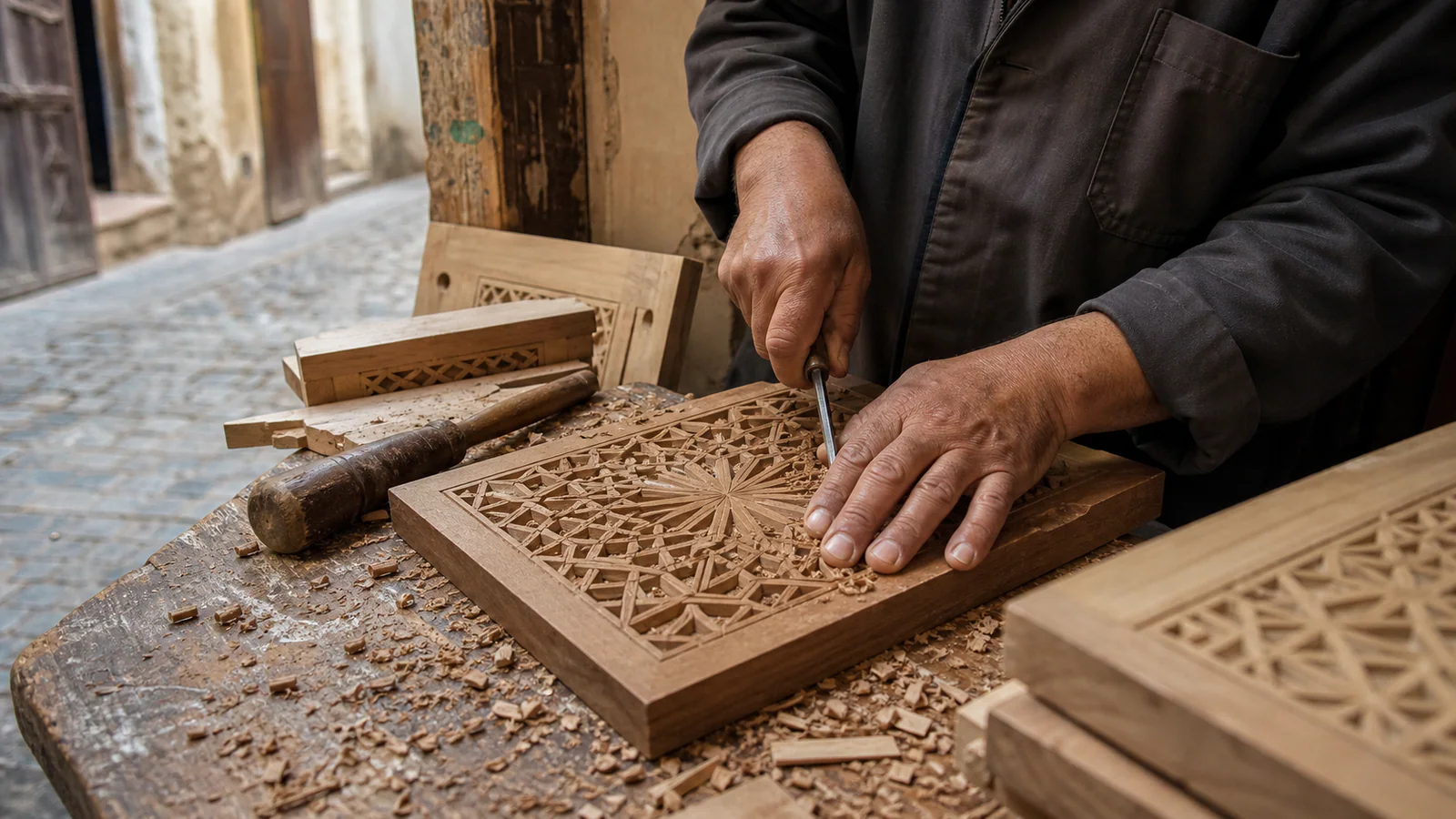 Craftsperson carving a geometric cedar panel in a Fes el-Bali workshop