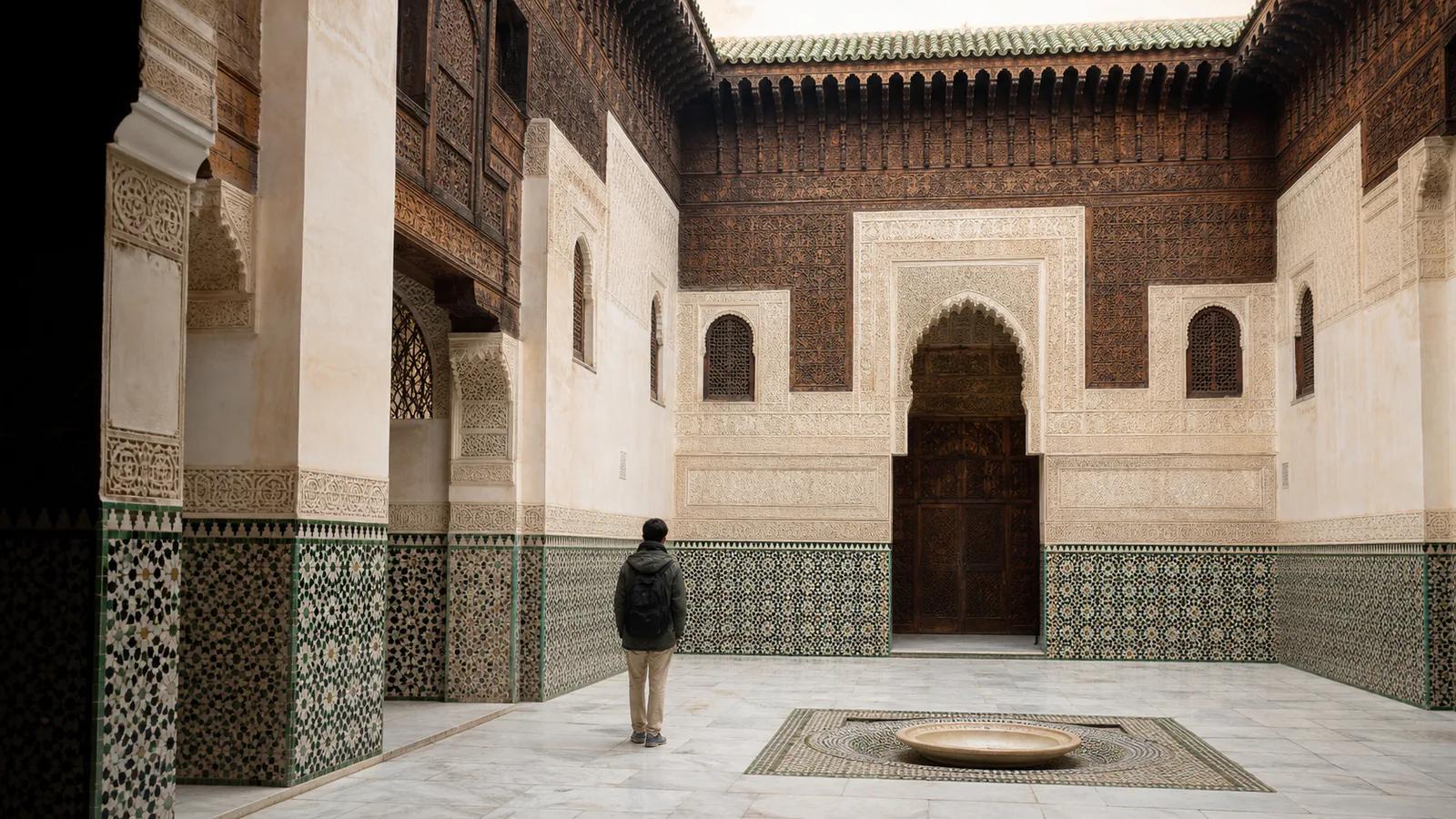 Visitor studying zellige, carved stucco and cedar in a Marinid-style Fes madrasa courtyard