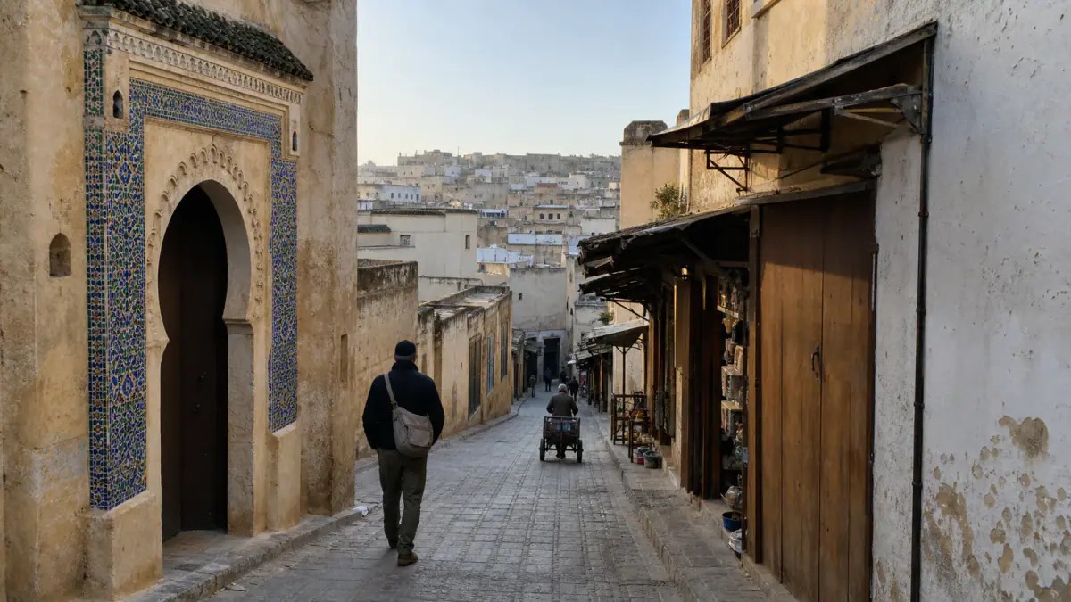 Traveler entering a quiet lane at the edge of Fes el-Bali