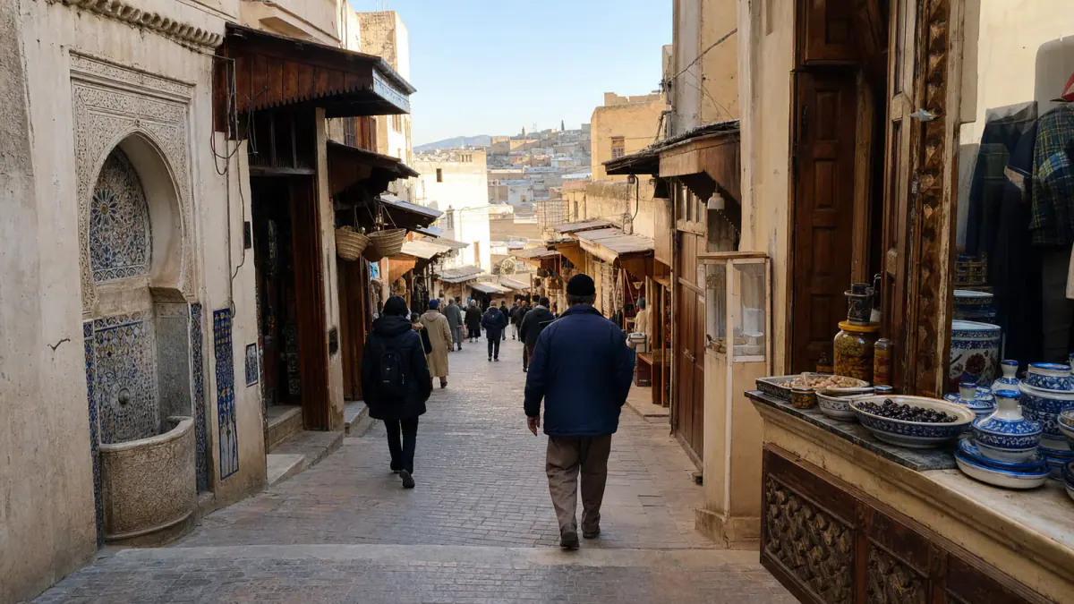 Pedestrians following a morning walking route through Fes el-Bali