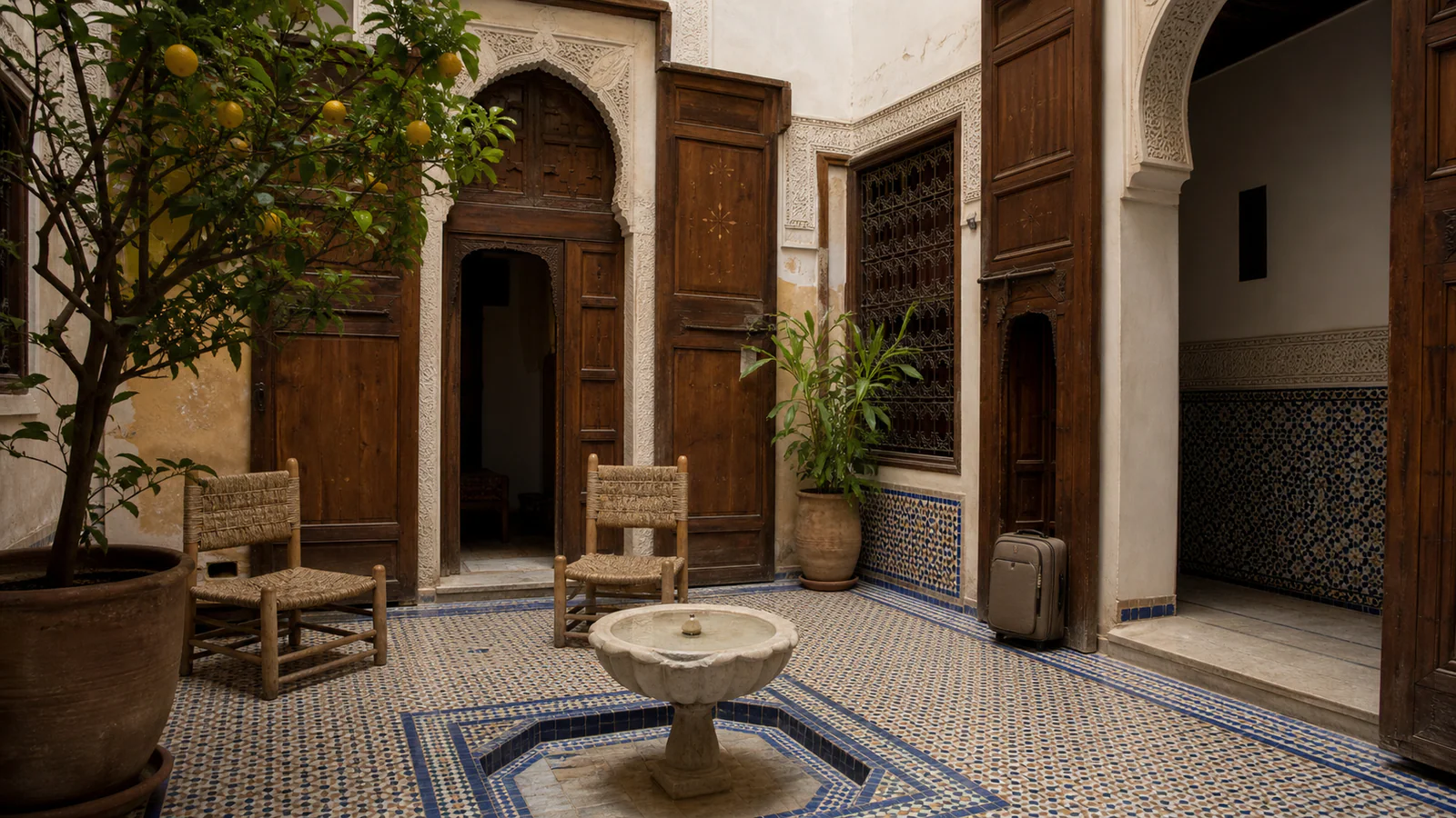 Traditional Fes riad courtyard prepared for a traveler’s arrival
