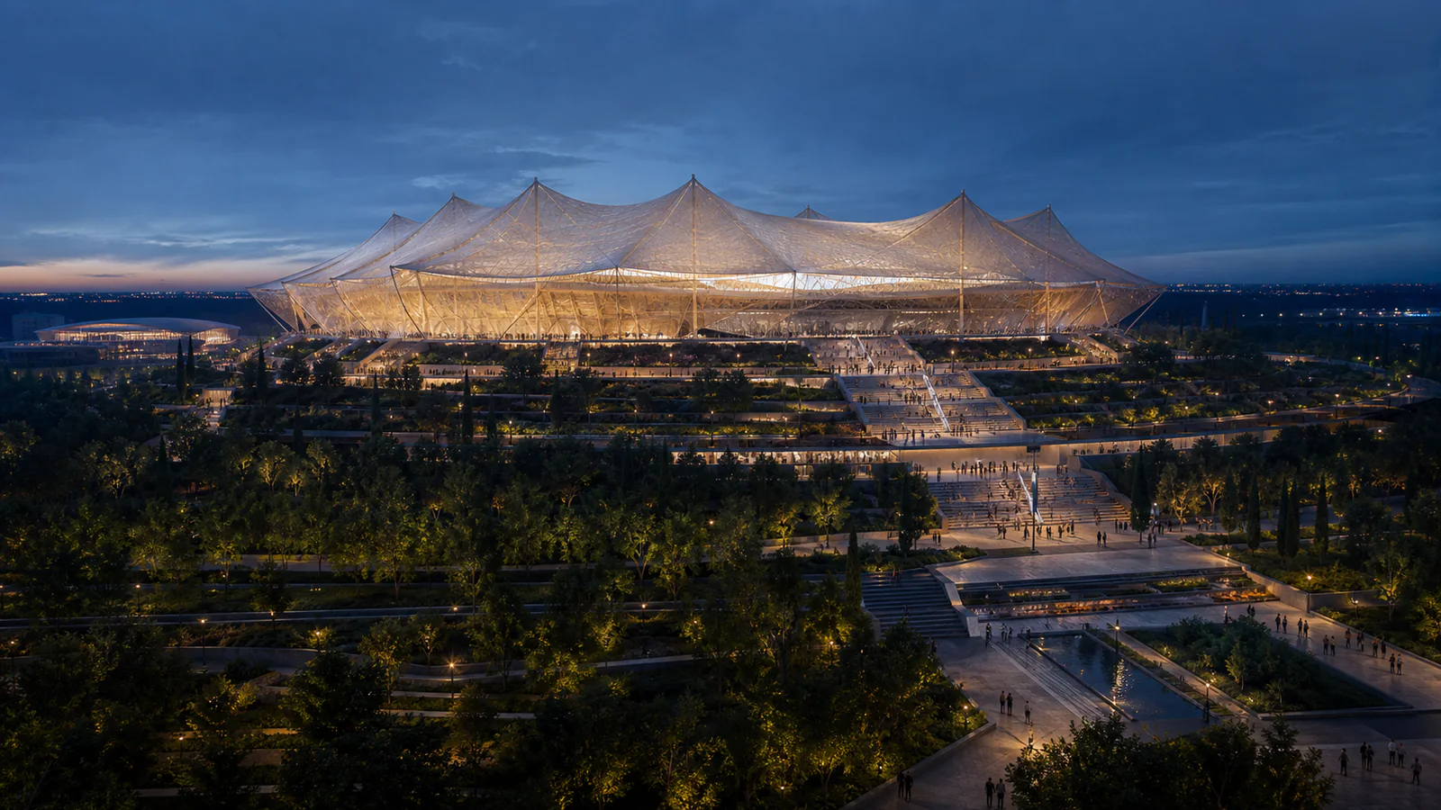 Editorial concept of the tent-inspired Grand Stade Hassan II project at blue hour