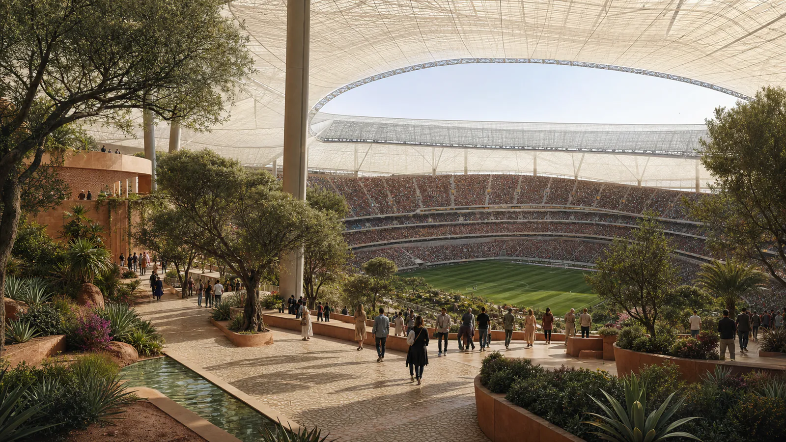 Interpretive editorial concept of planted concourses beneath a tent-like stadium canopy