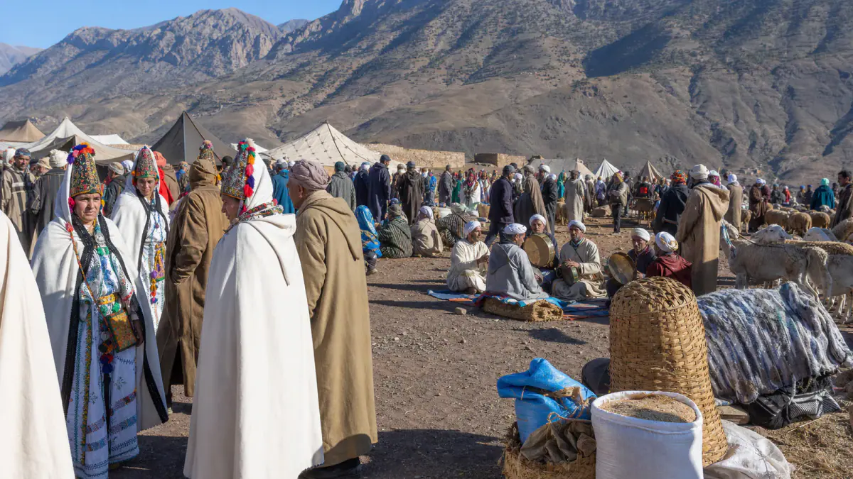 Amazigh families, musicians and traders gathering at the Imilchil moussem in Morocco's High Atlas