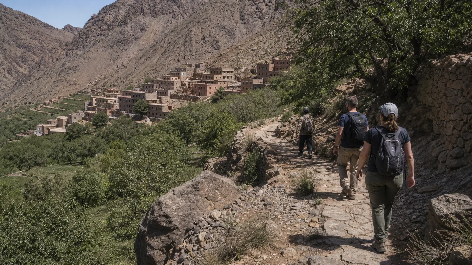 Local guide leading two hikers on a village path above Imlil