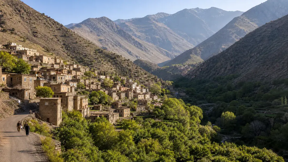 Imlil village, terraced trees and rugged slopes in Morocco's High Atlas