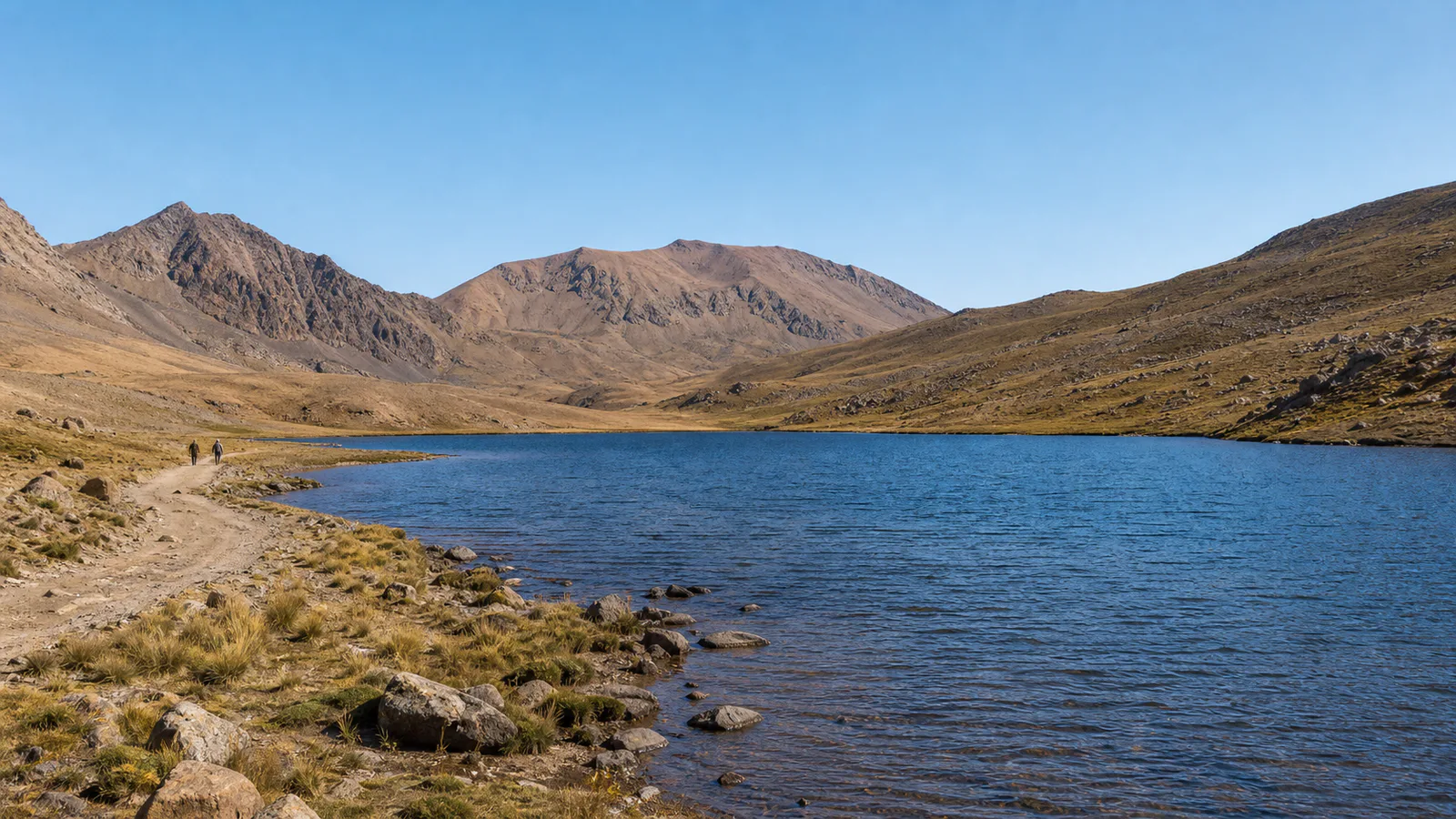 Remote blue Lake Tislit on the rocky plateau near Imilchil in Morocco’s eastern High Atlas