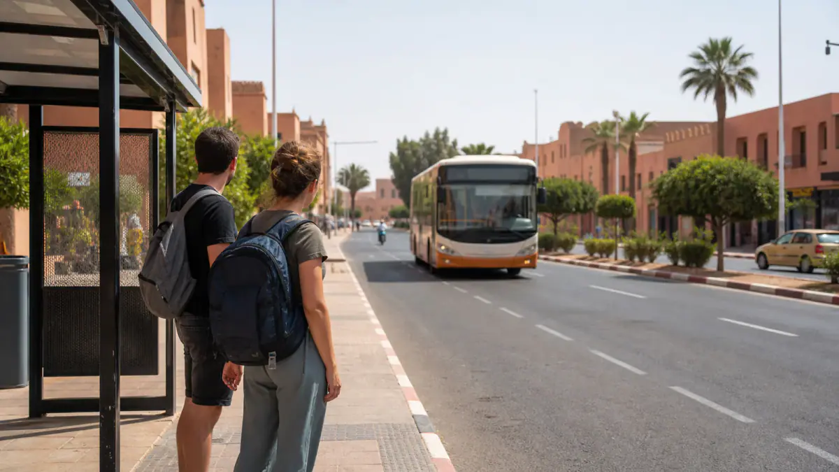 Budget travelers waiting for a local bus on a Marrakech avenue