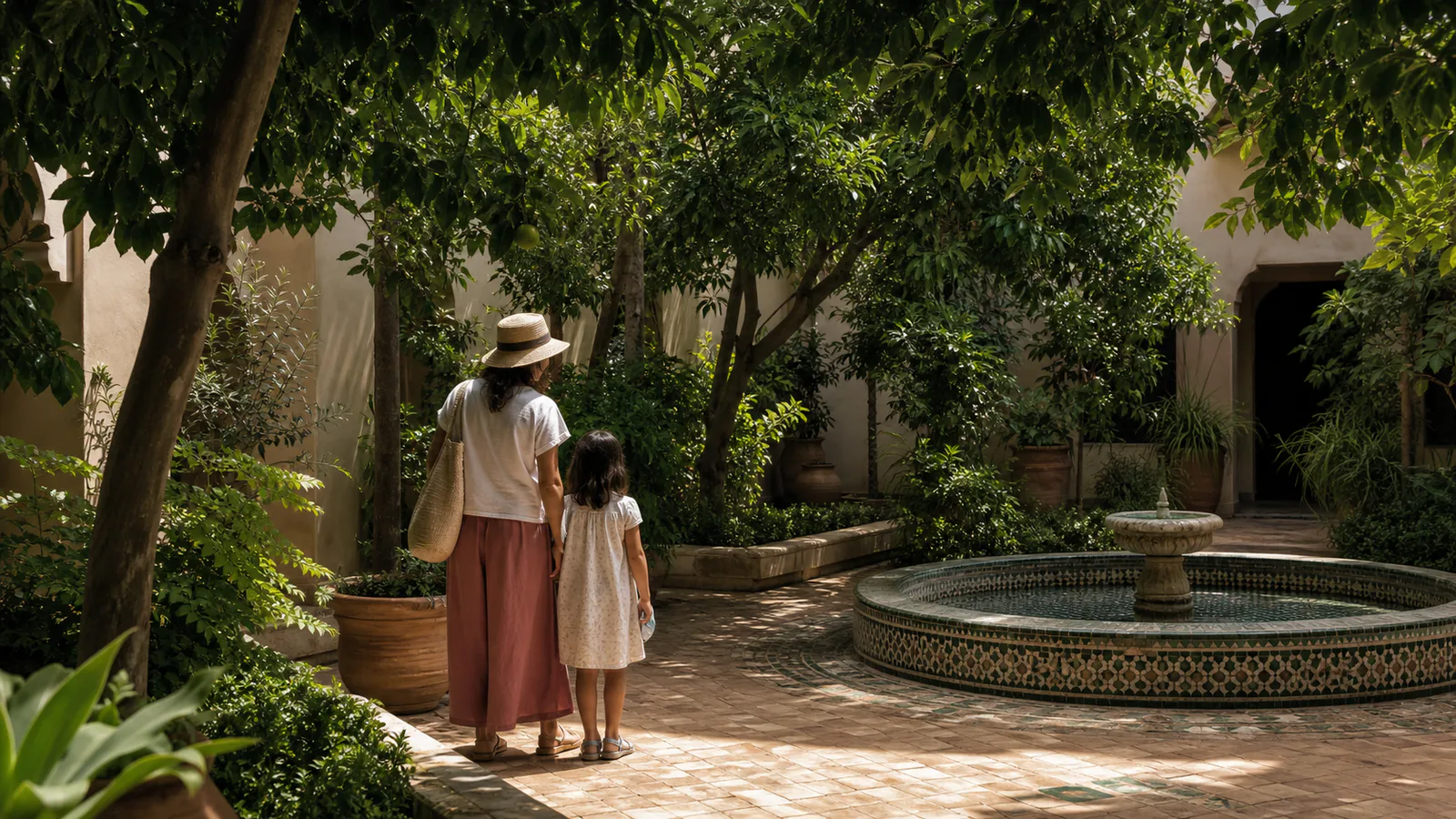 Parent and child taking a quiet break in a shaded Marrakech courtyard garden