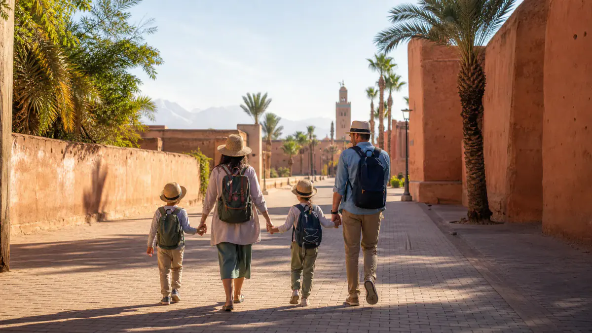 Family walking together beside the ochre walls of Marrakech
