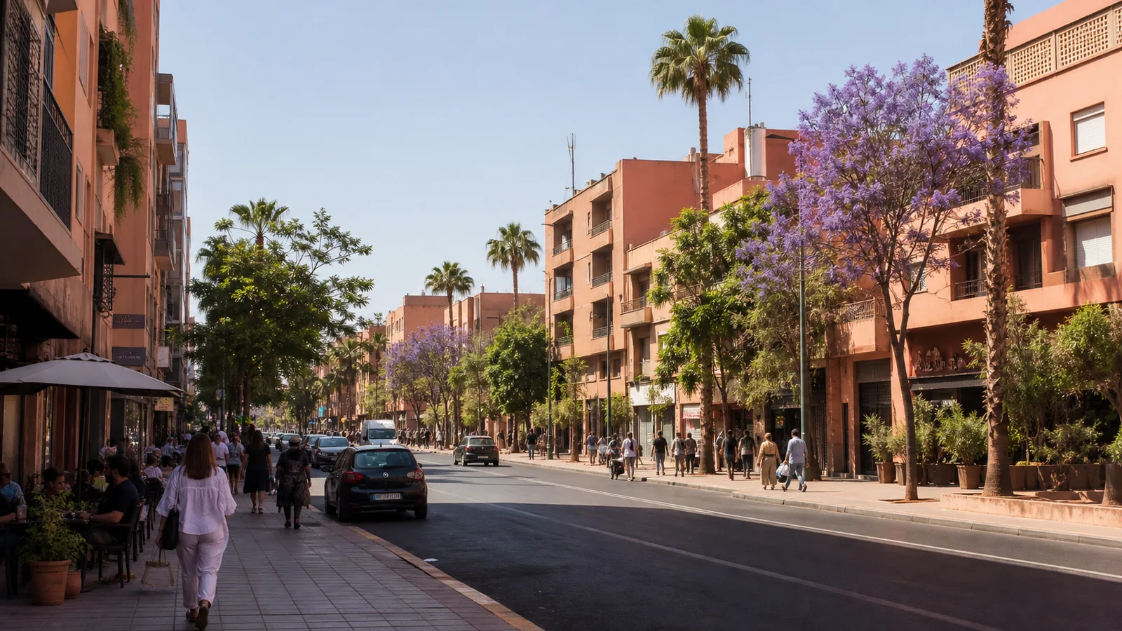 Pedestrians, cafes and ochre apartment buildings along a broad avenue in Marrakech’s modern Gueliz district