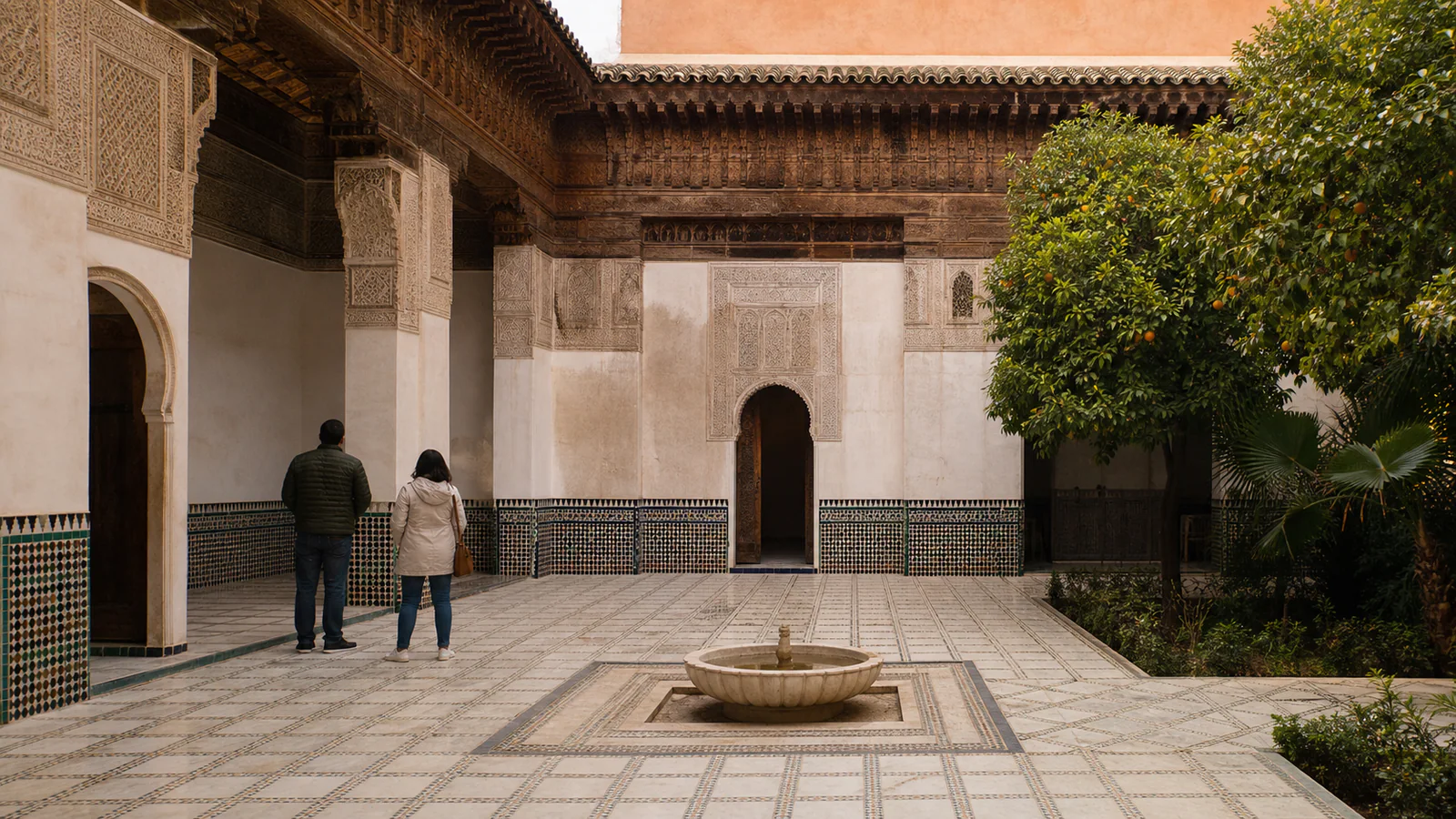 Visitors studying carved plaster, cedar and zellige in a Marrakech palace courtyard