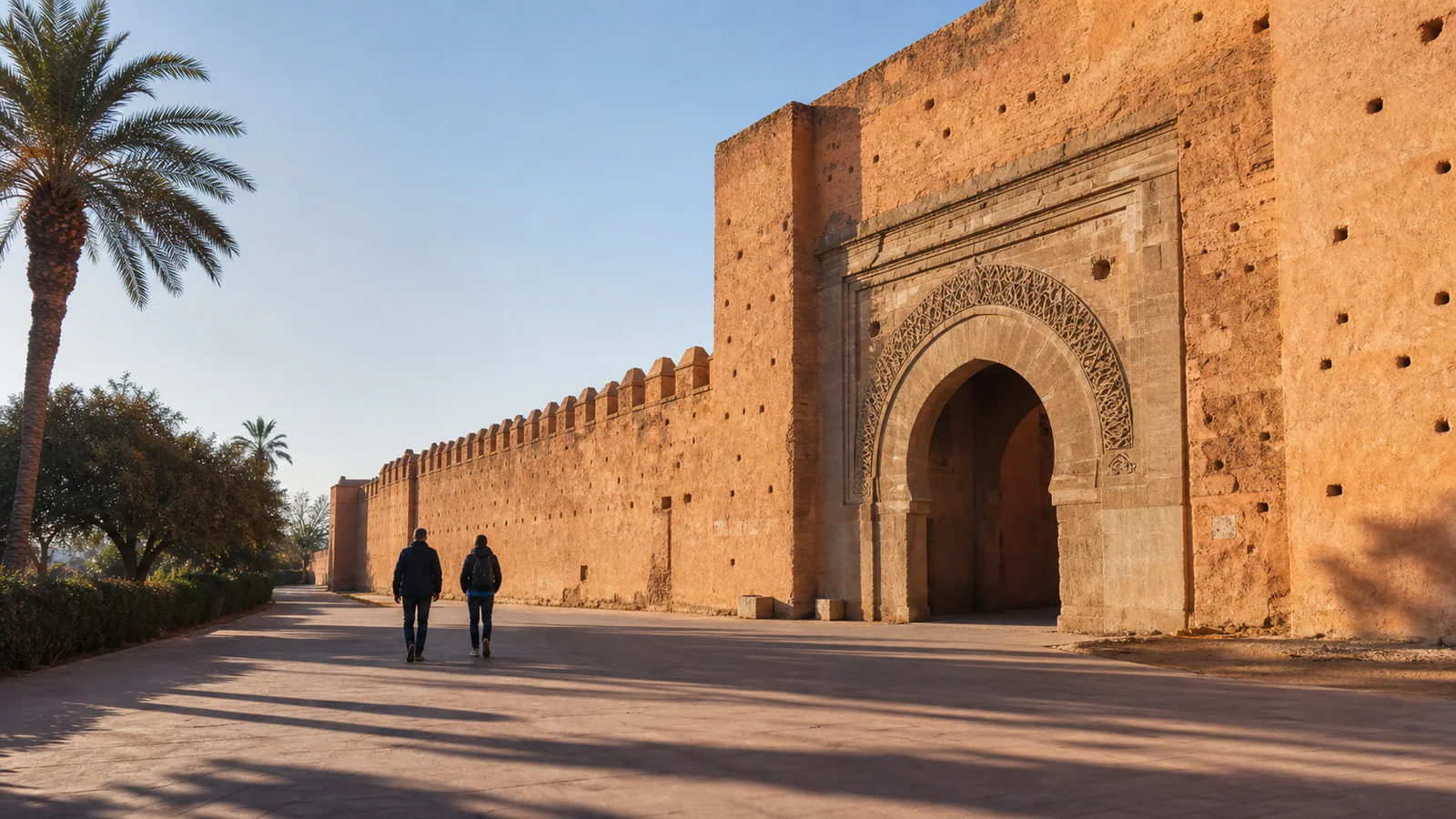 Visitors walking beside a historic Marrakech rampart and monumental gate