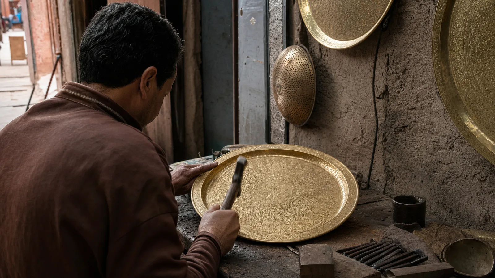A Marrakech metal artisan hammering a geometric pattern into a brass tray