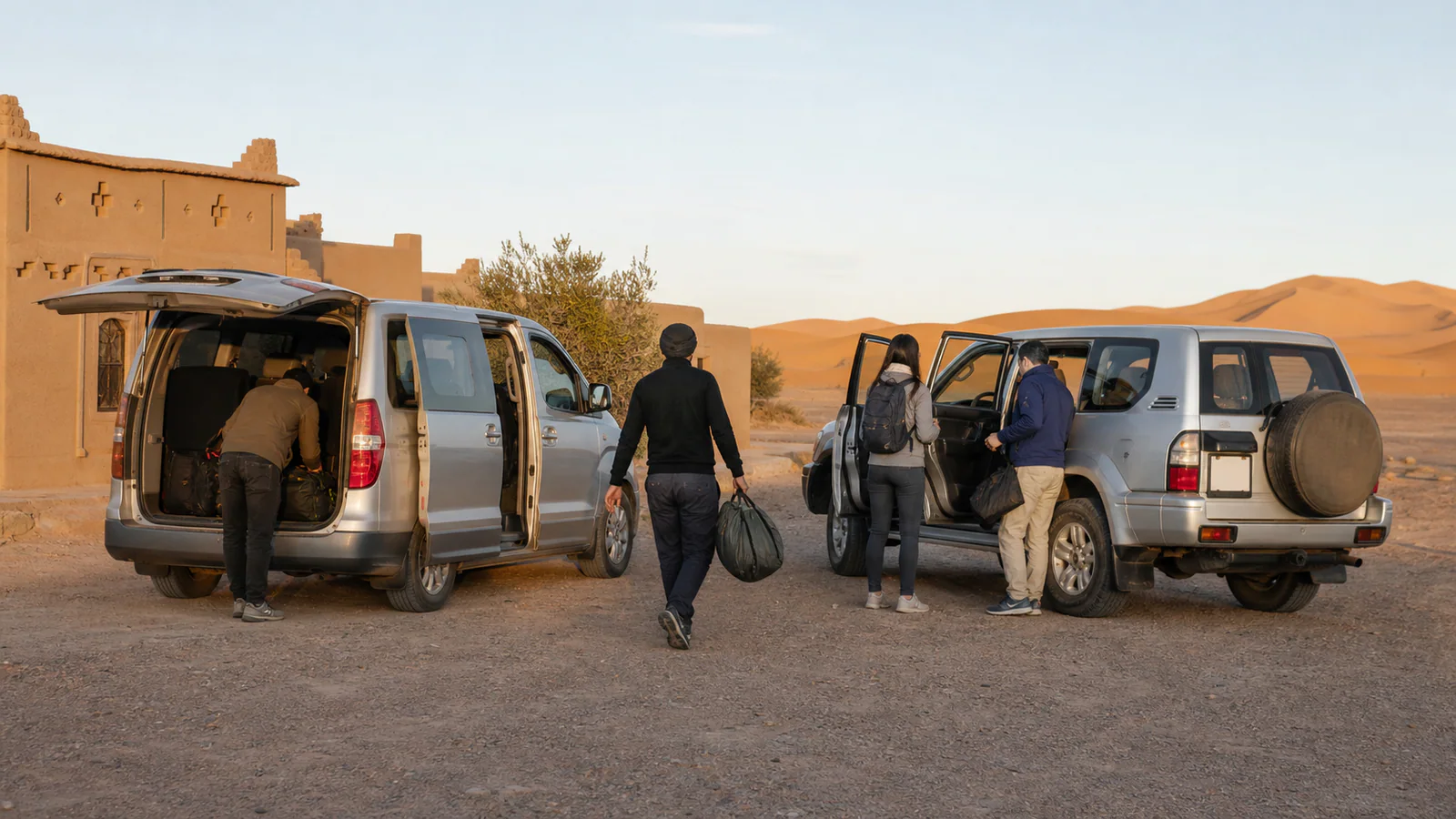Travelers moving compact overnight bags between a minivan and 4x4 at the Merzouga desert edge