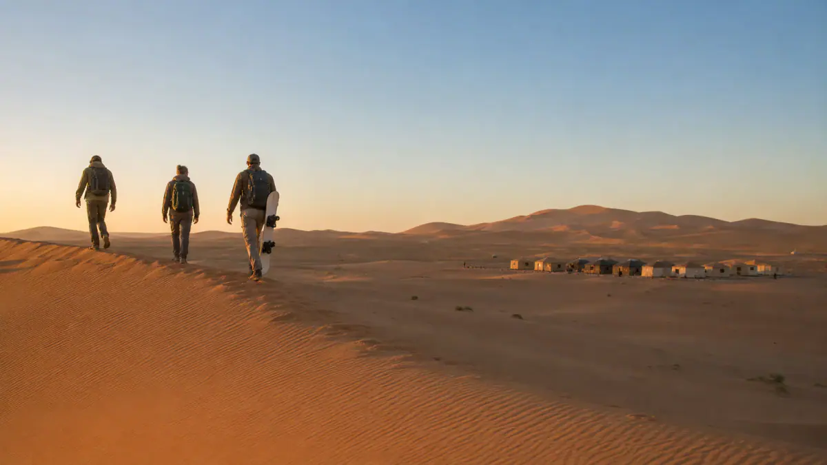 Travelers walking on the Erg Chebbi dunes with a sandboard at sunrise