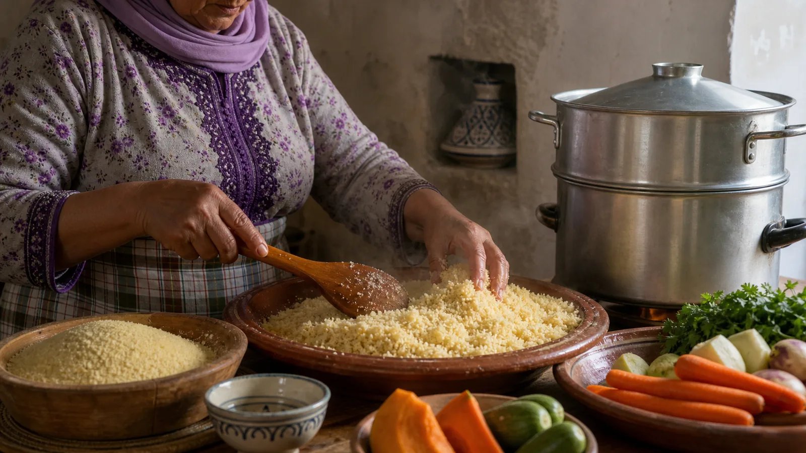 Moroccan home cook fluffing steamed couscous beside a couscoussier