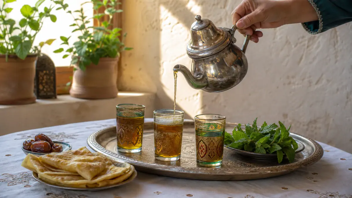 Moroccan mint tea poured from a metal teapot into small glasses beside fresh mint and msemen