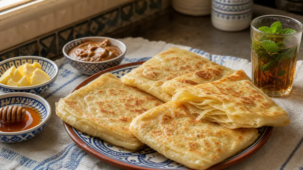 Fresh square Moroccan msemen served with honey, butter, amlou and mint tea