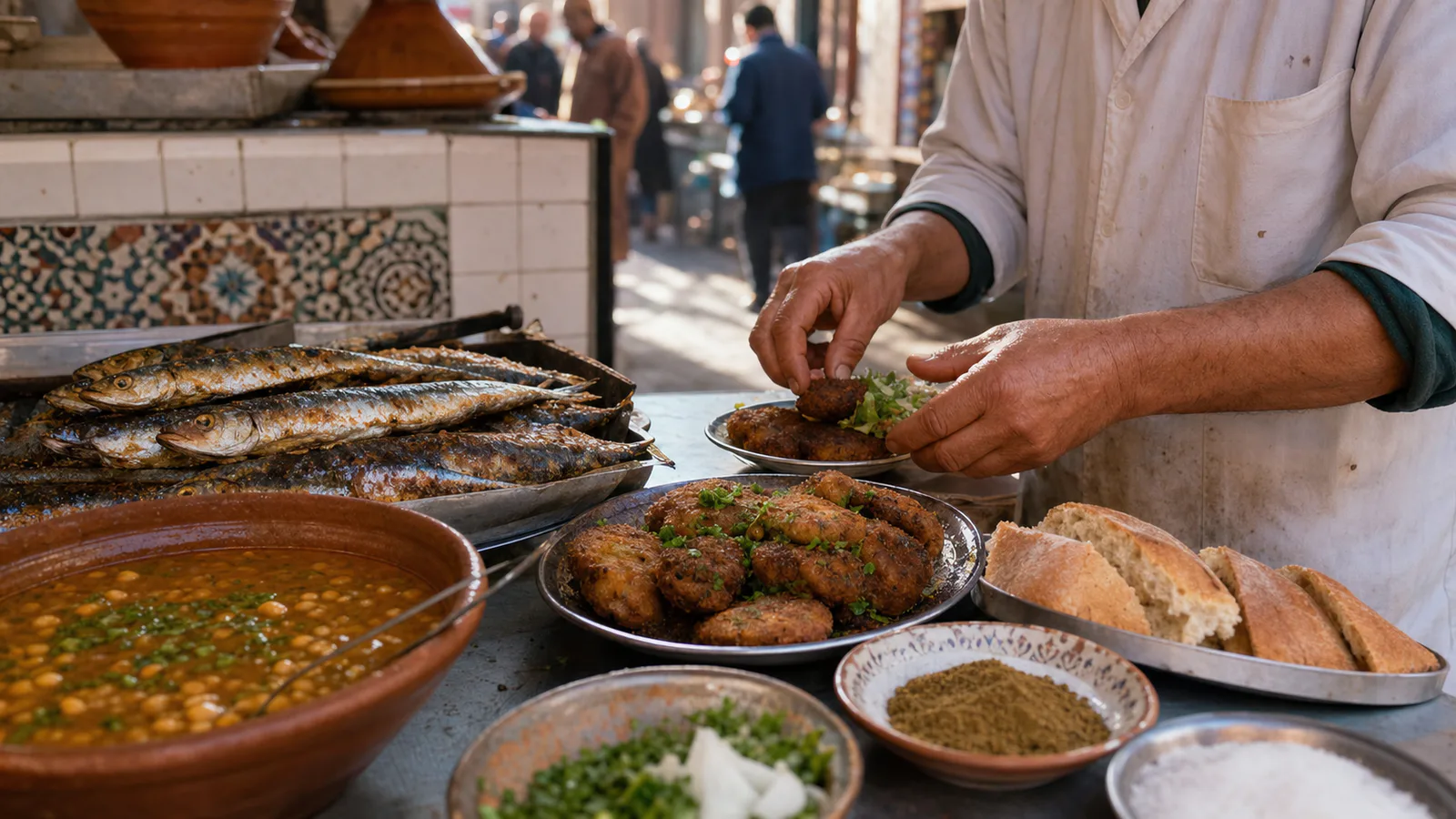 Cook serving Moroccan street food with grilled sardines, maakouda, harira and bread