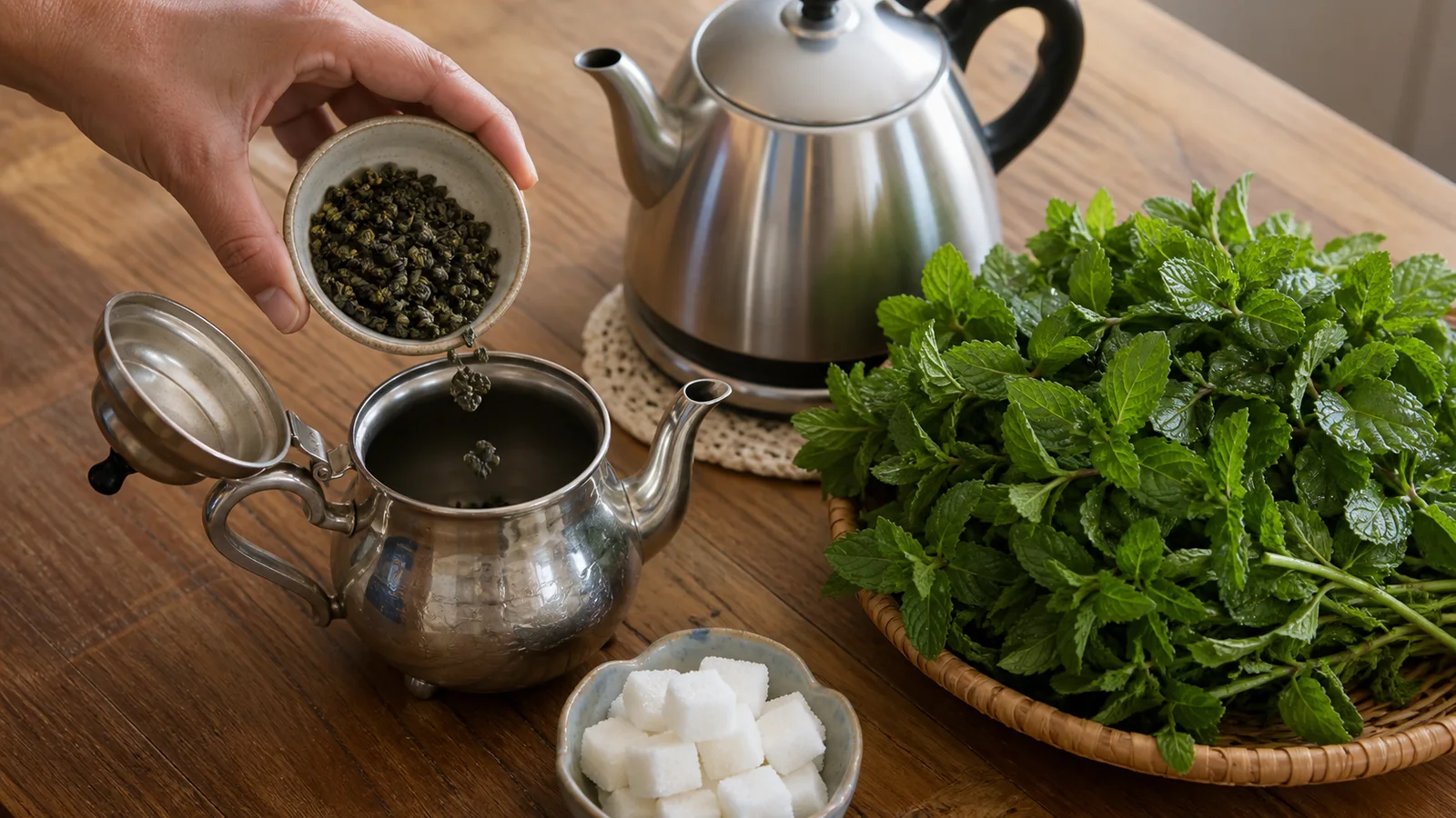 Gunpowder green tea, washed spearmint, sugar and a metal teapot ready for Moroccan tea preparation