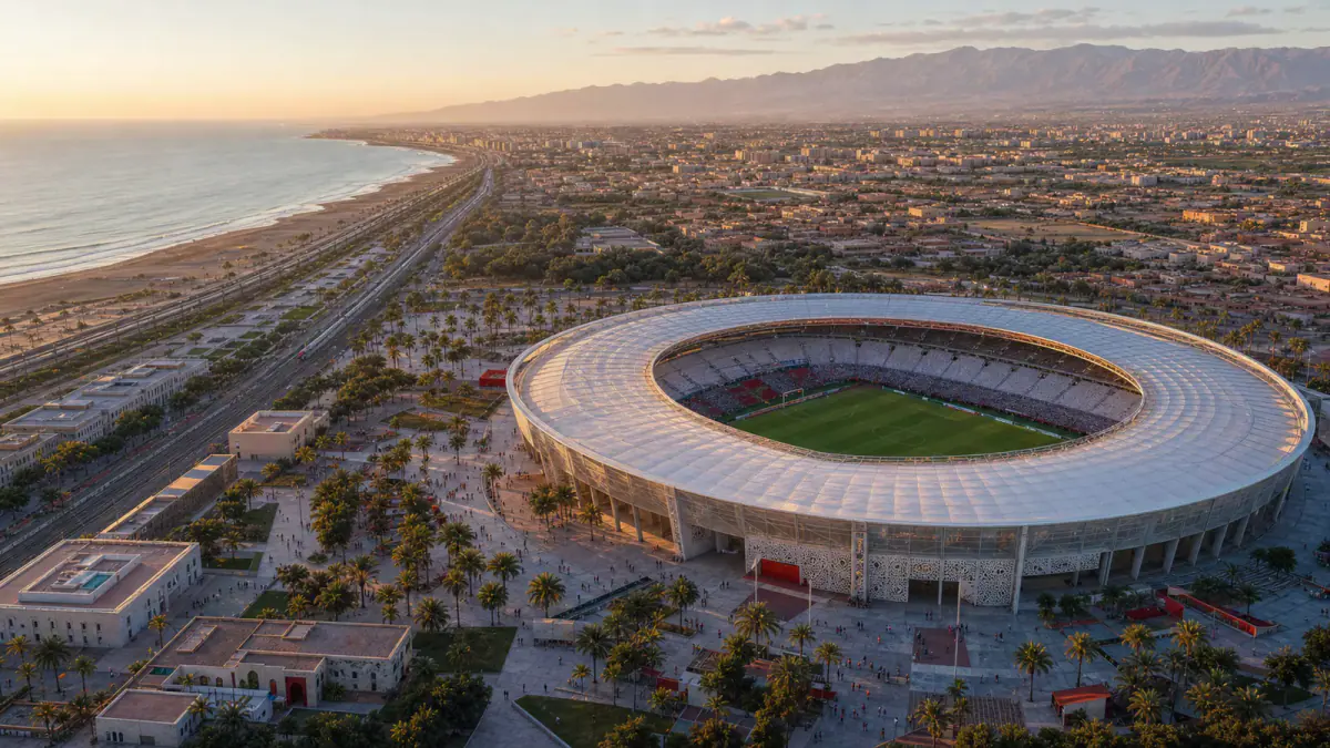Editorial aerial view of a generic modern football stadium in a Moroccan coastal city