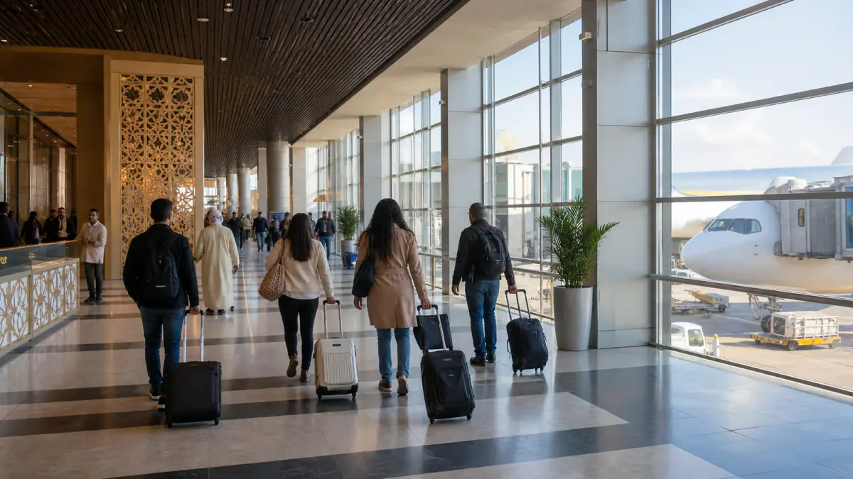 Travelers walking through a modern Moroccan airport terminal after arrival