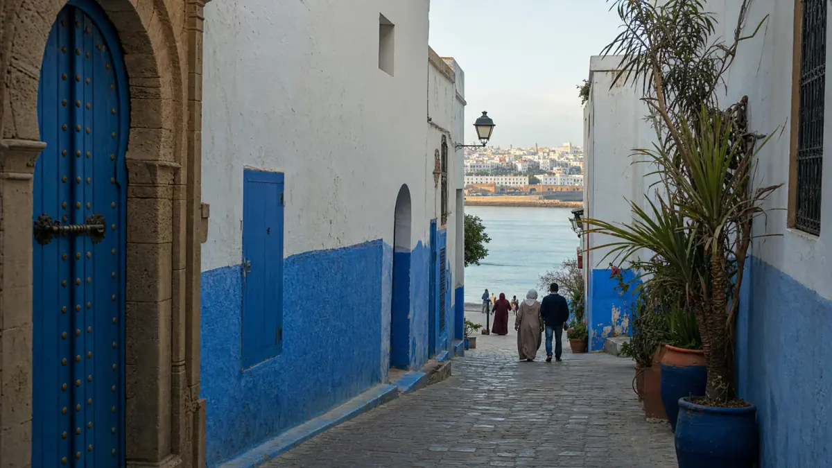 Blue and white lane in Rabat's Kasbah of the Udayas overlooking the Bouregreg