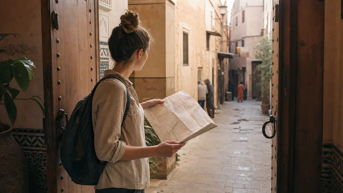 First-time visitor planning a Morocco trip with a map at a riad entrance