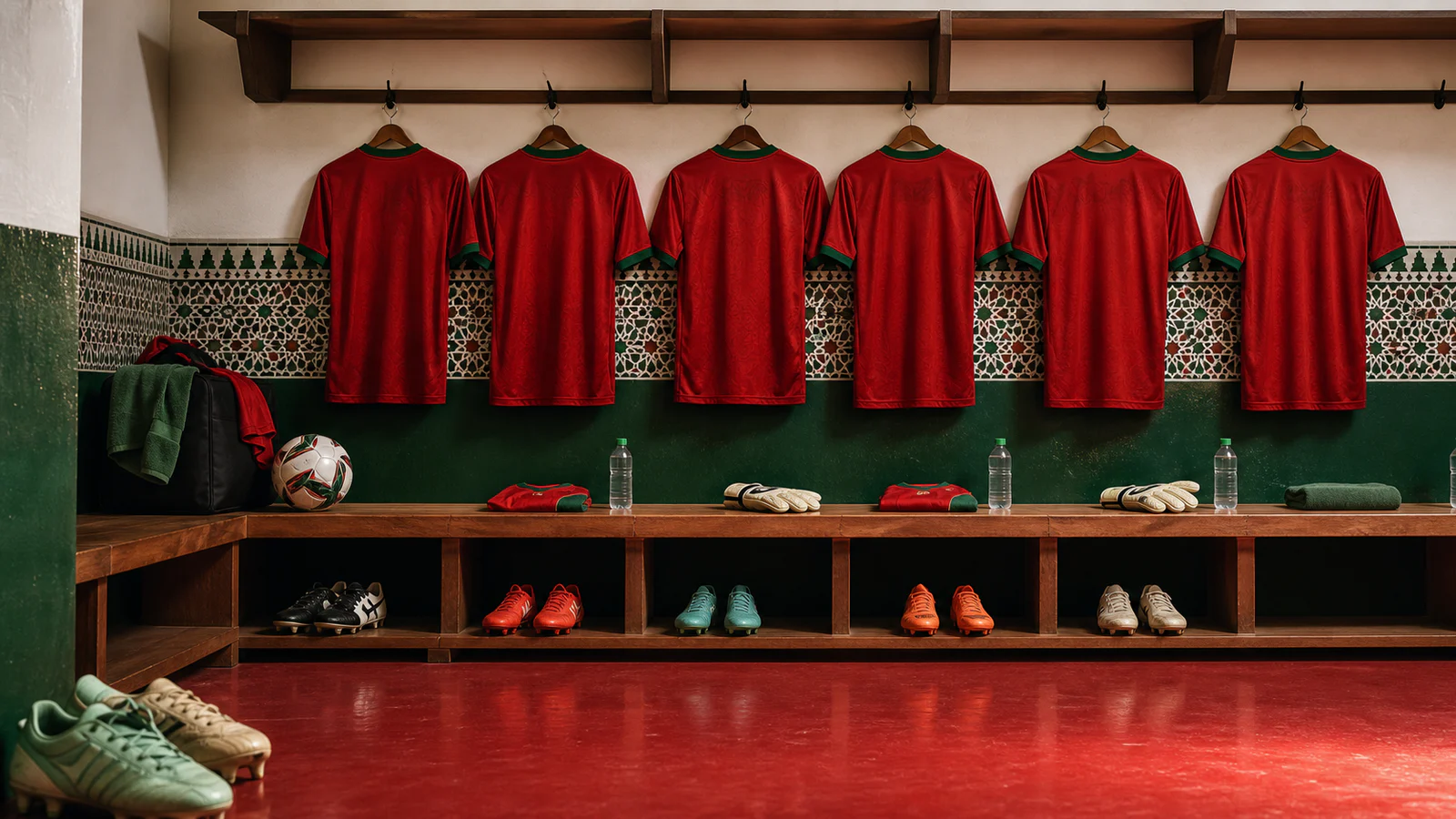 Red and green football shirts prepared in a Morocco-inspired stadium dressing room