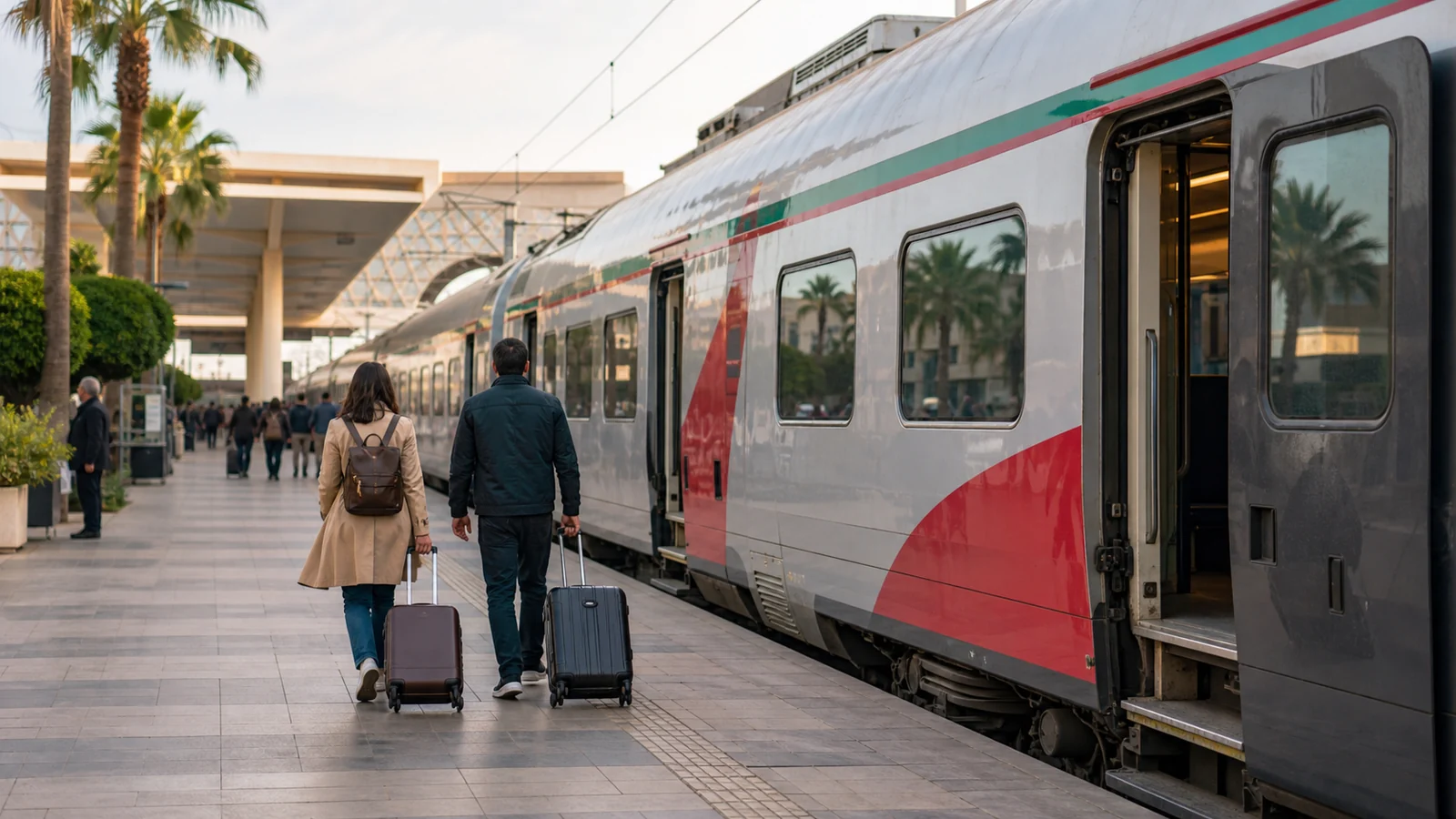 Travelers walking toward an intercity train at a Moroccan railway station