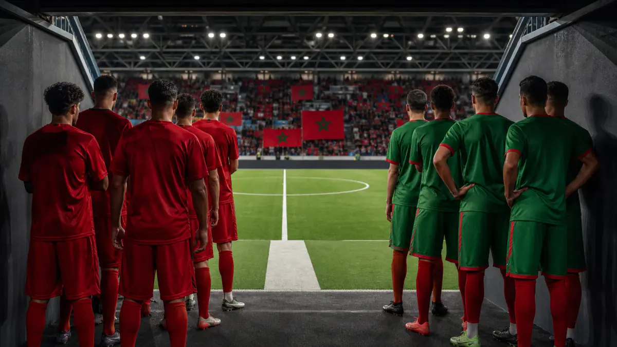 Two Moroccan-connected football teams in red and green waiting beside the same arena pitch