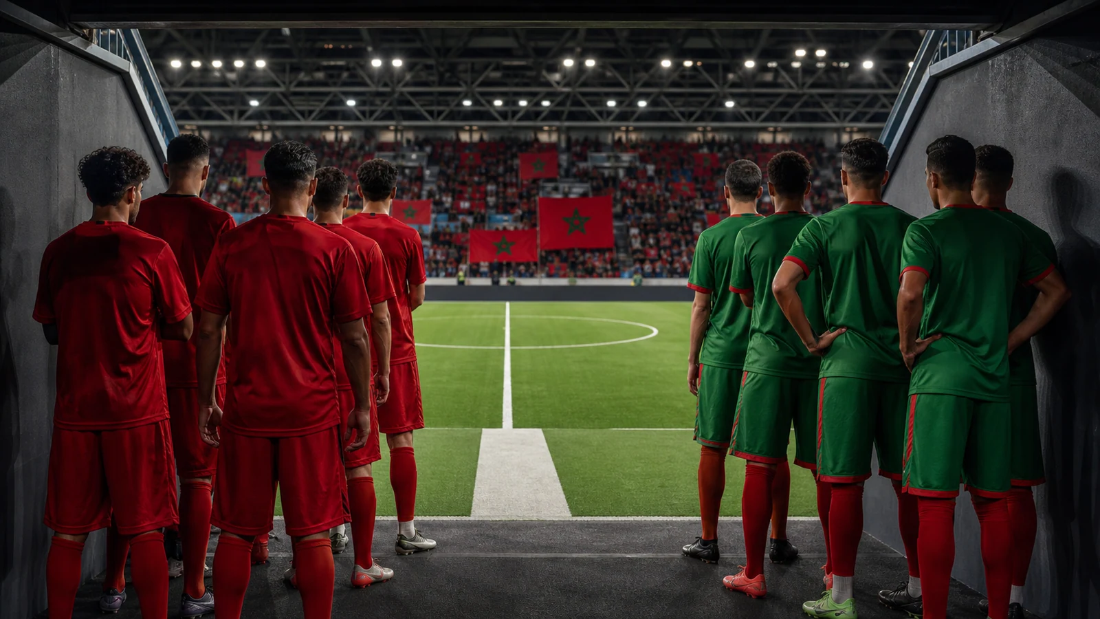 Two Morocco-inspired Kings League teams waiting beside the same arena pitch