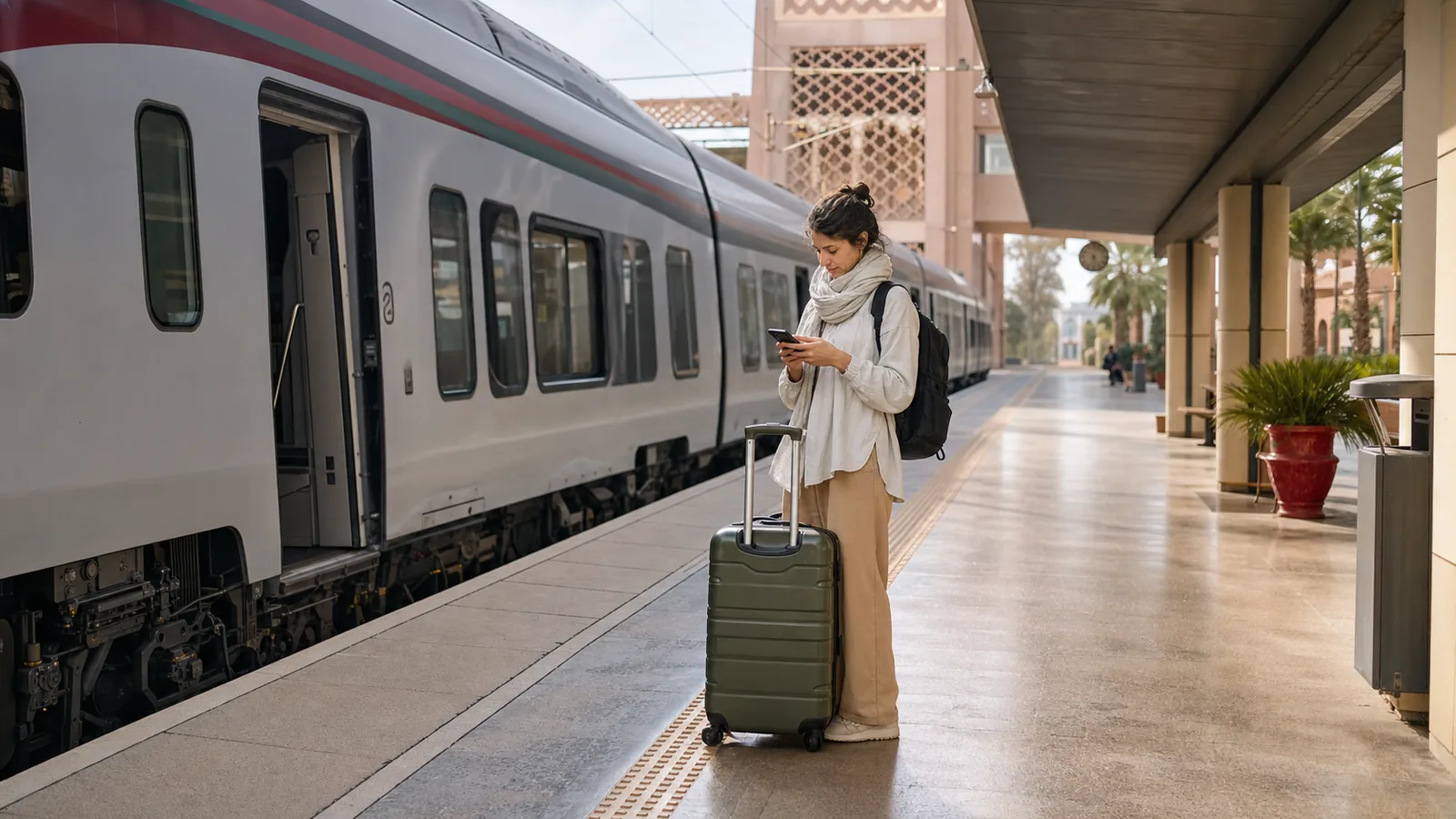 Traveler preparing to board an intercity train in Morocco