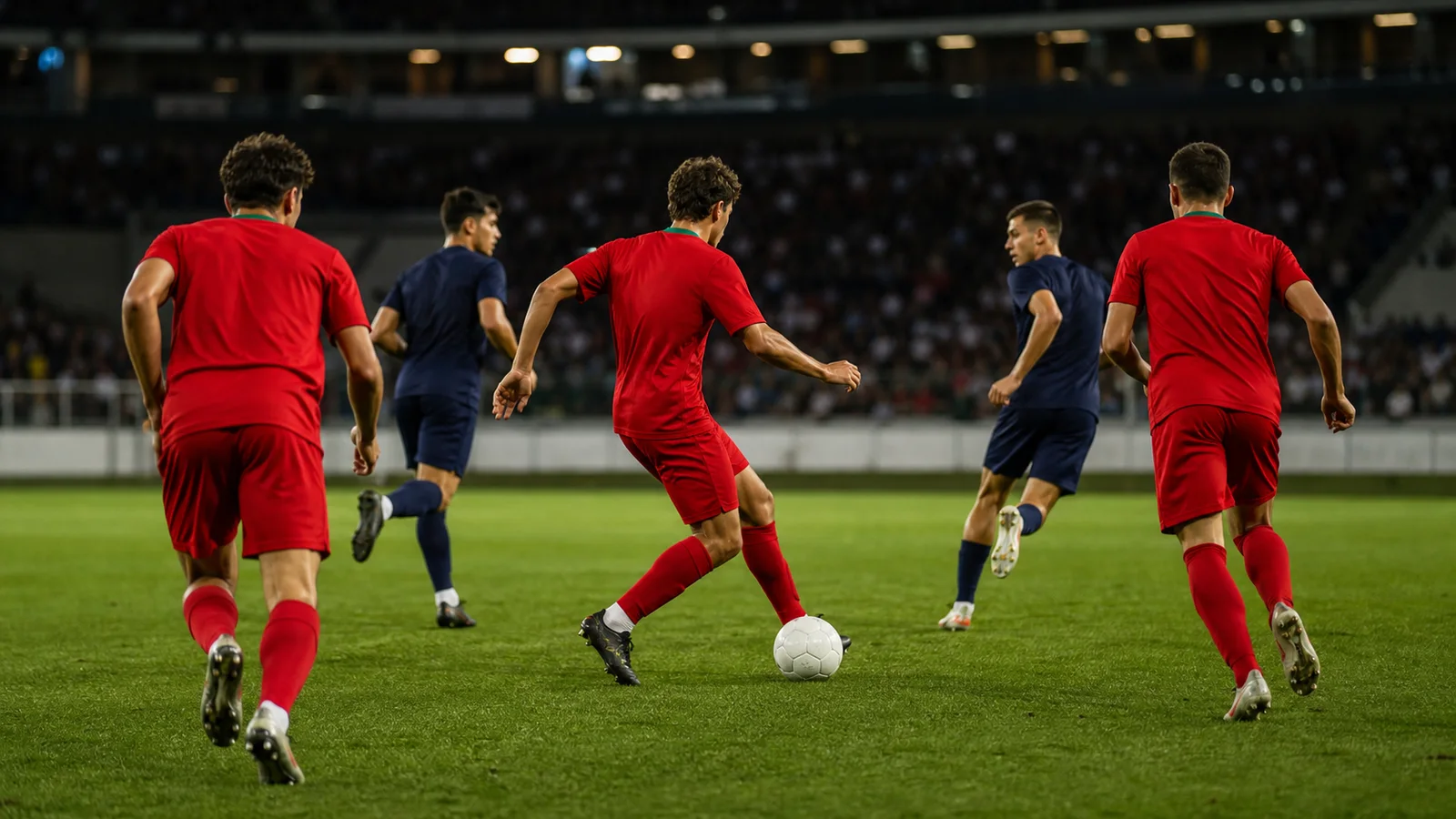 Original editorial visualization of a red-shirted youth team moving from a compact defensive shape into transition