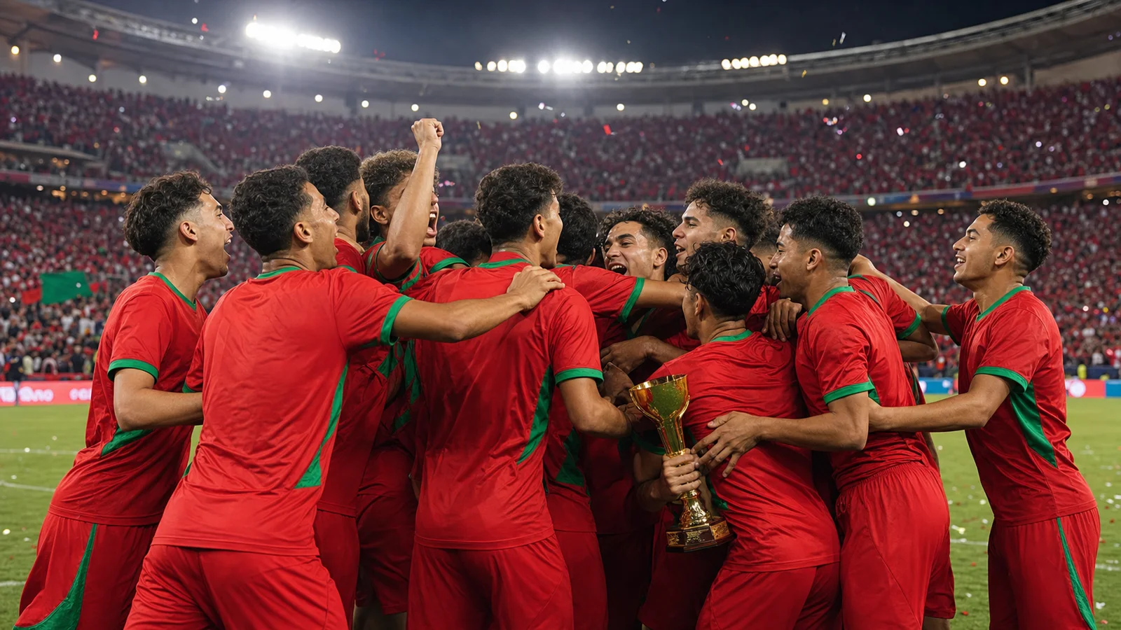 Original editorial visualization of Morocco's young footballers celebrating a world championship in red and green