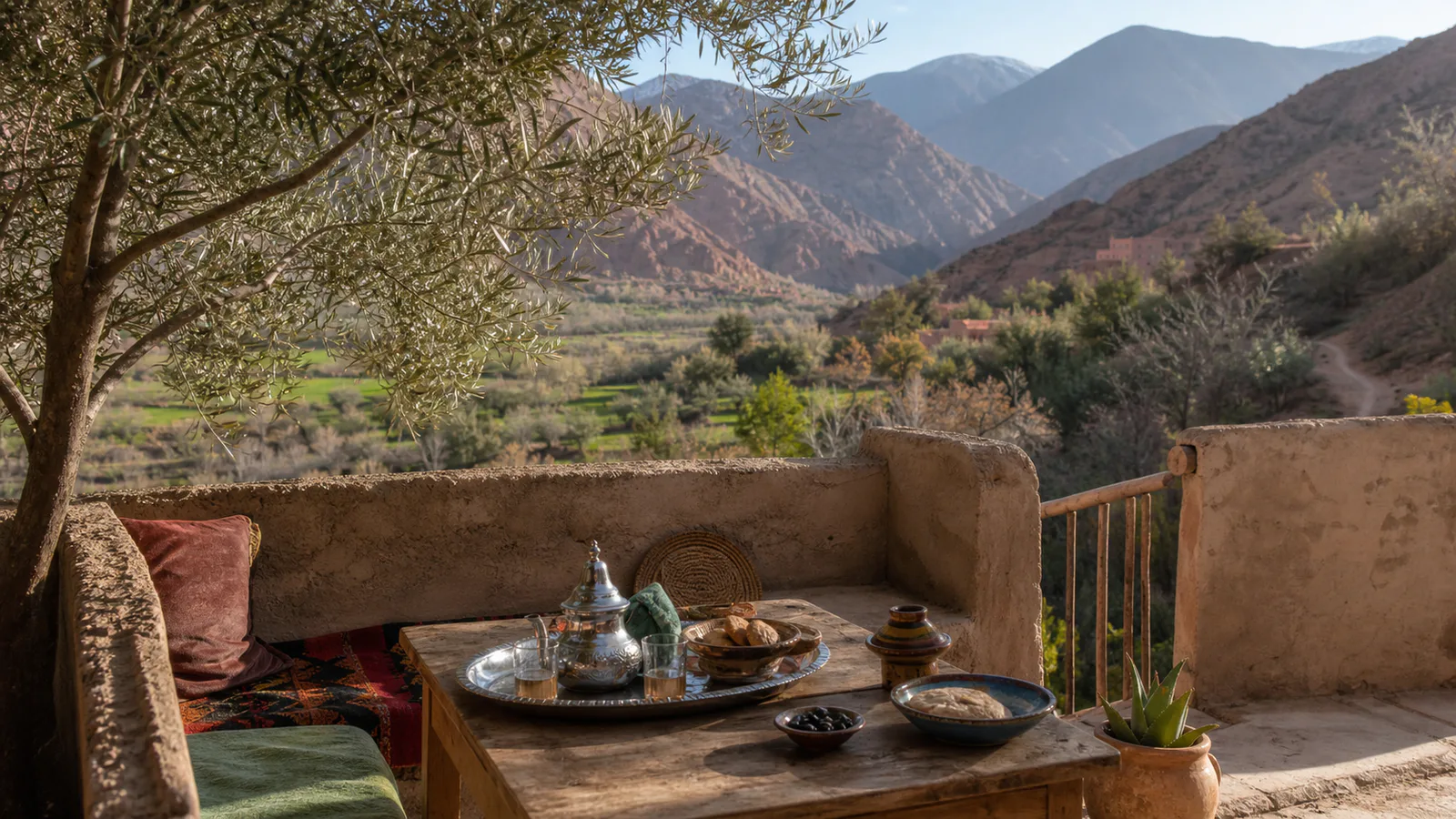 Tea and breakfast on a quiet guesthouse terrace above Ouirgane Valley