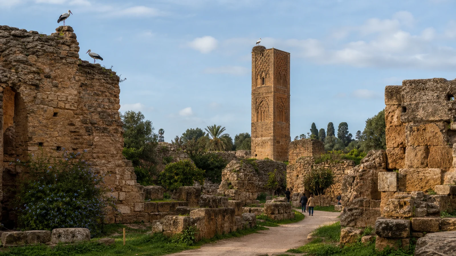 Chellah ruins, garden paths and historic minaret during a Rabat afternoon